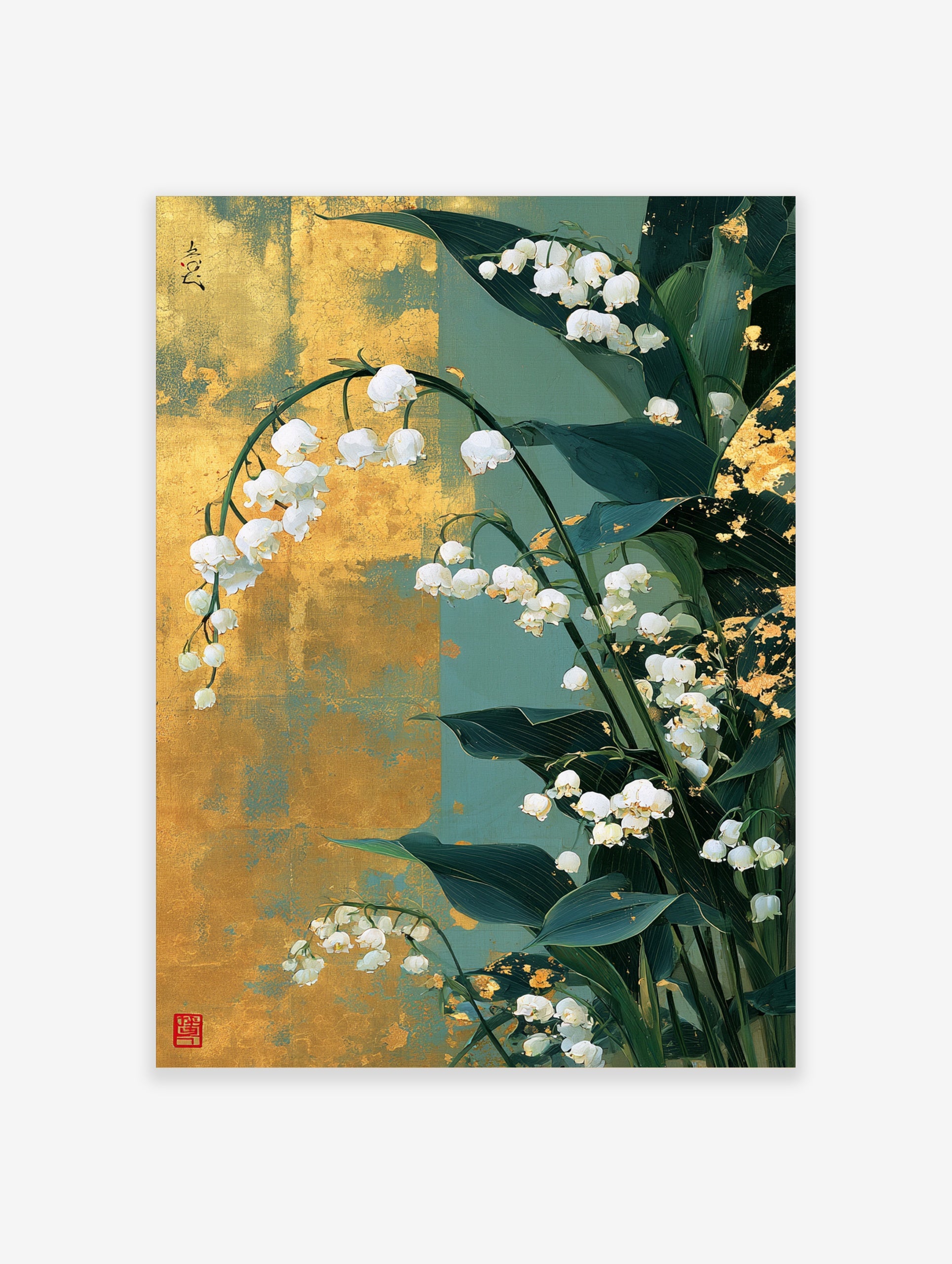 Lily of the Valley floral illustration with gold leaf accents and Japanese-style calligraphy on a green background