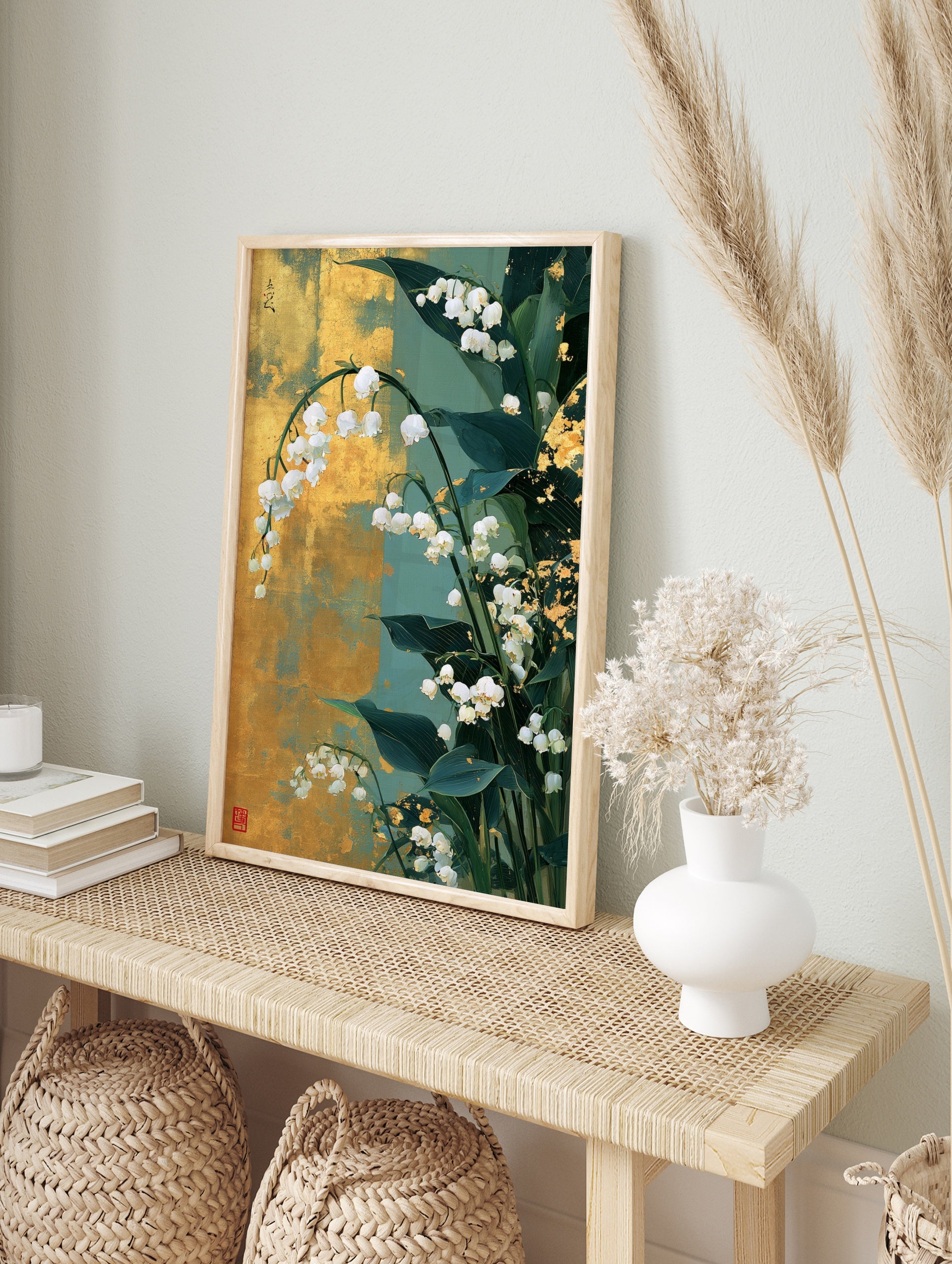 Lily of the Valley floral illustration with gold leaf accents and Japanese-style calligraphy, in an alternate framed mockup