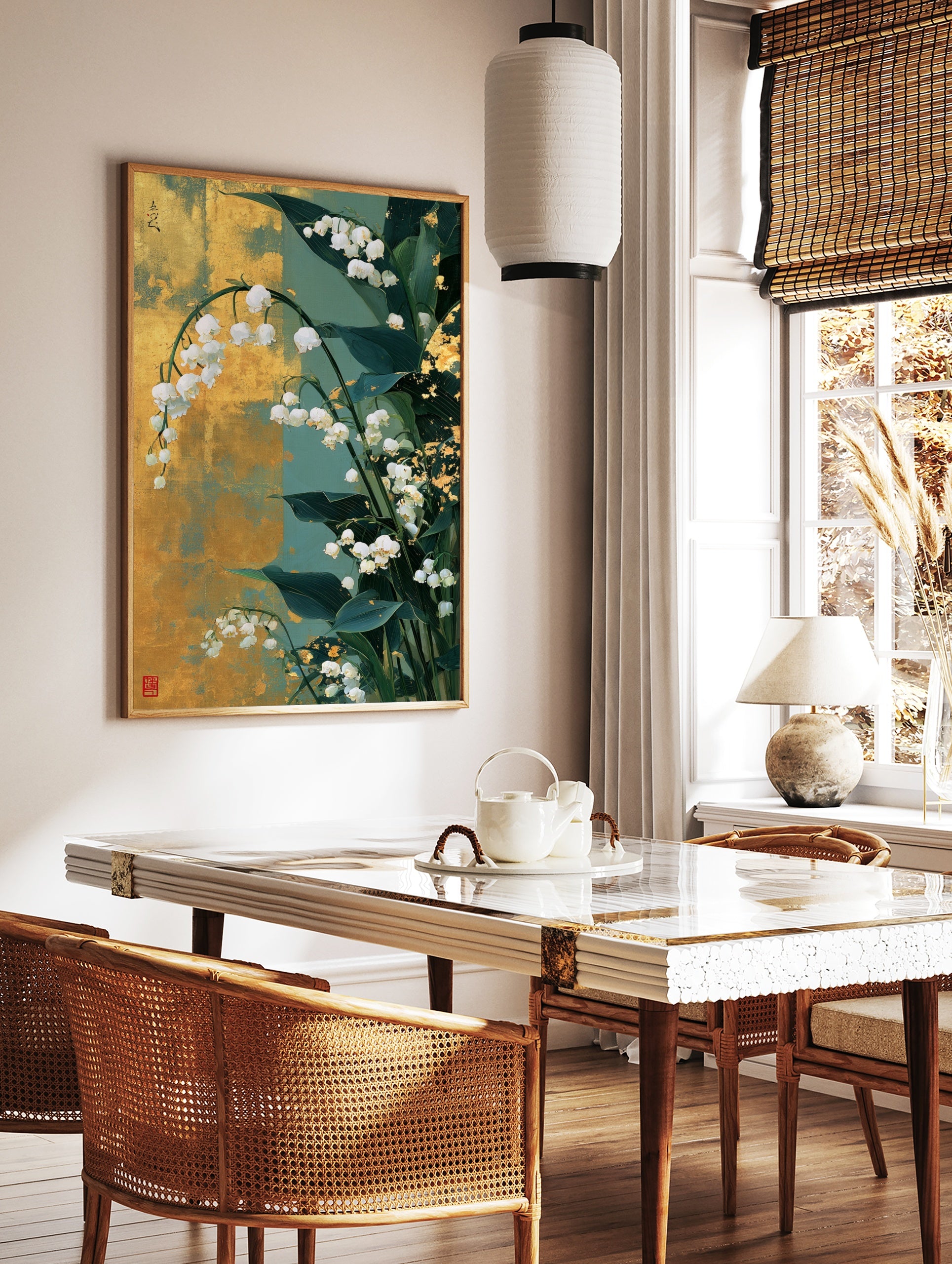 Lily of the Valley floral illustration with gold leaf accents and Japanese-style calligraphy on a, in a styled room mockup