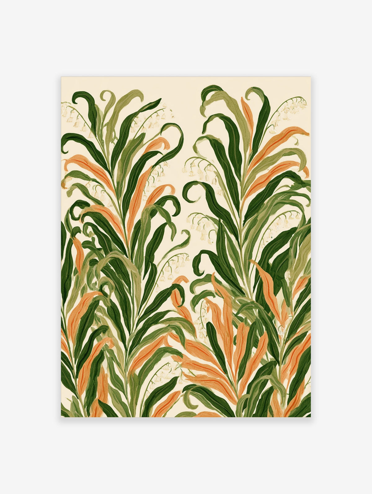 Lily of the valley botanical art print with green leaves and orange fronds on cream background