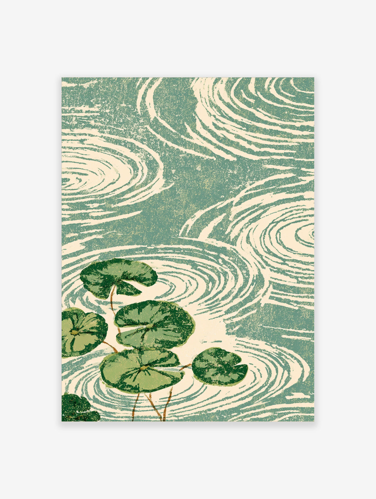 Green lily pads floating on cream water ripples in a Japanese woodblock-style pond poster