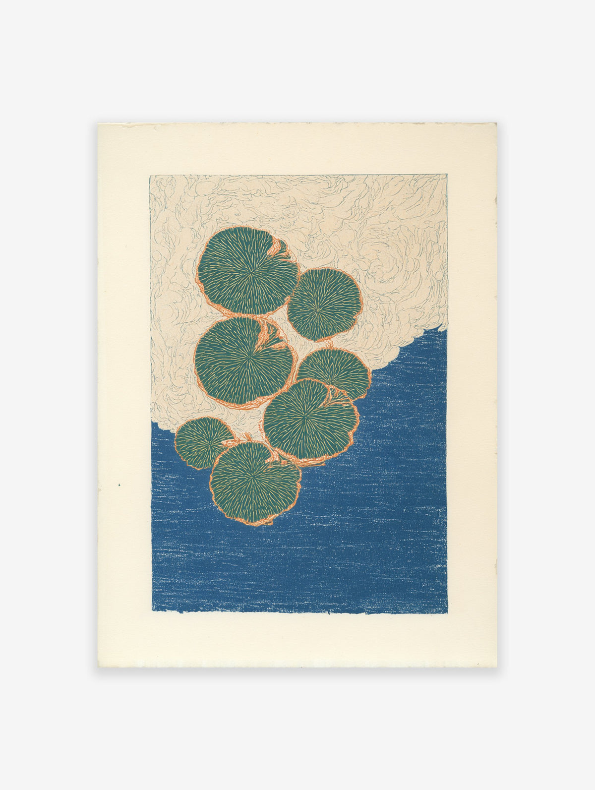 Modern botanical lily pad art print featuring green lily pads with orange outlines floating on a deep blue water background.