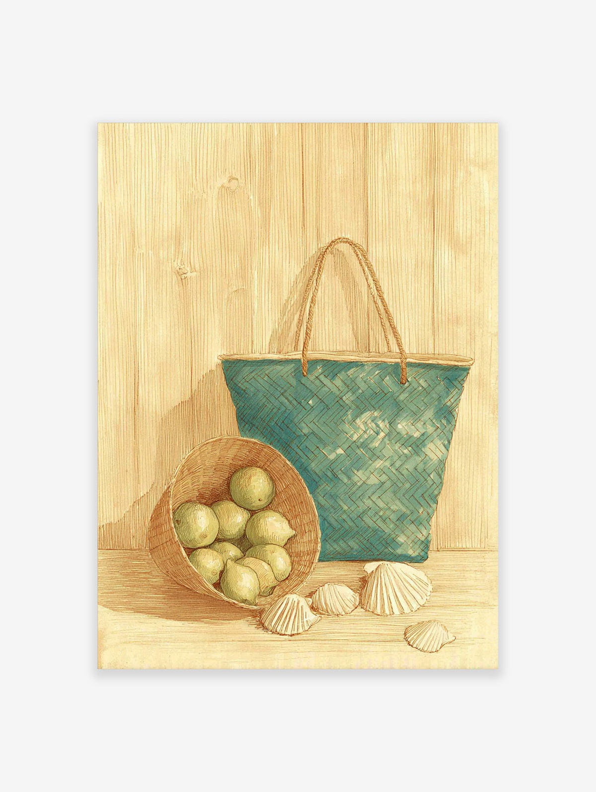 Still life illustration of green limes in a basket, a teal woven bag, and seashells on a wooden table