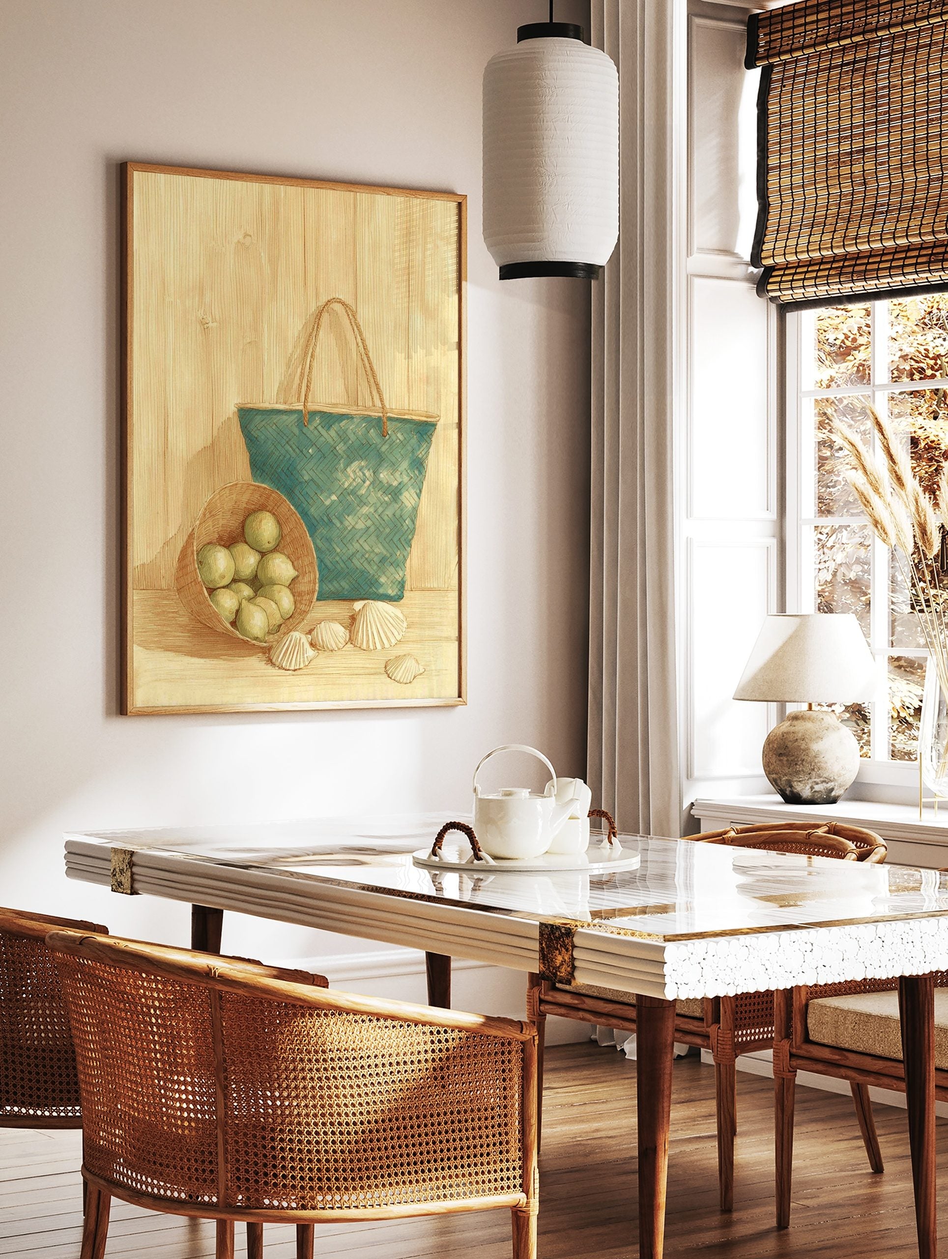 Still life illustration of green limes in a basket, a teal woven bag, and seashells on a wooden, in a styled room mockup