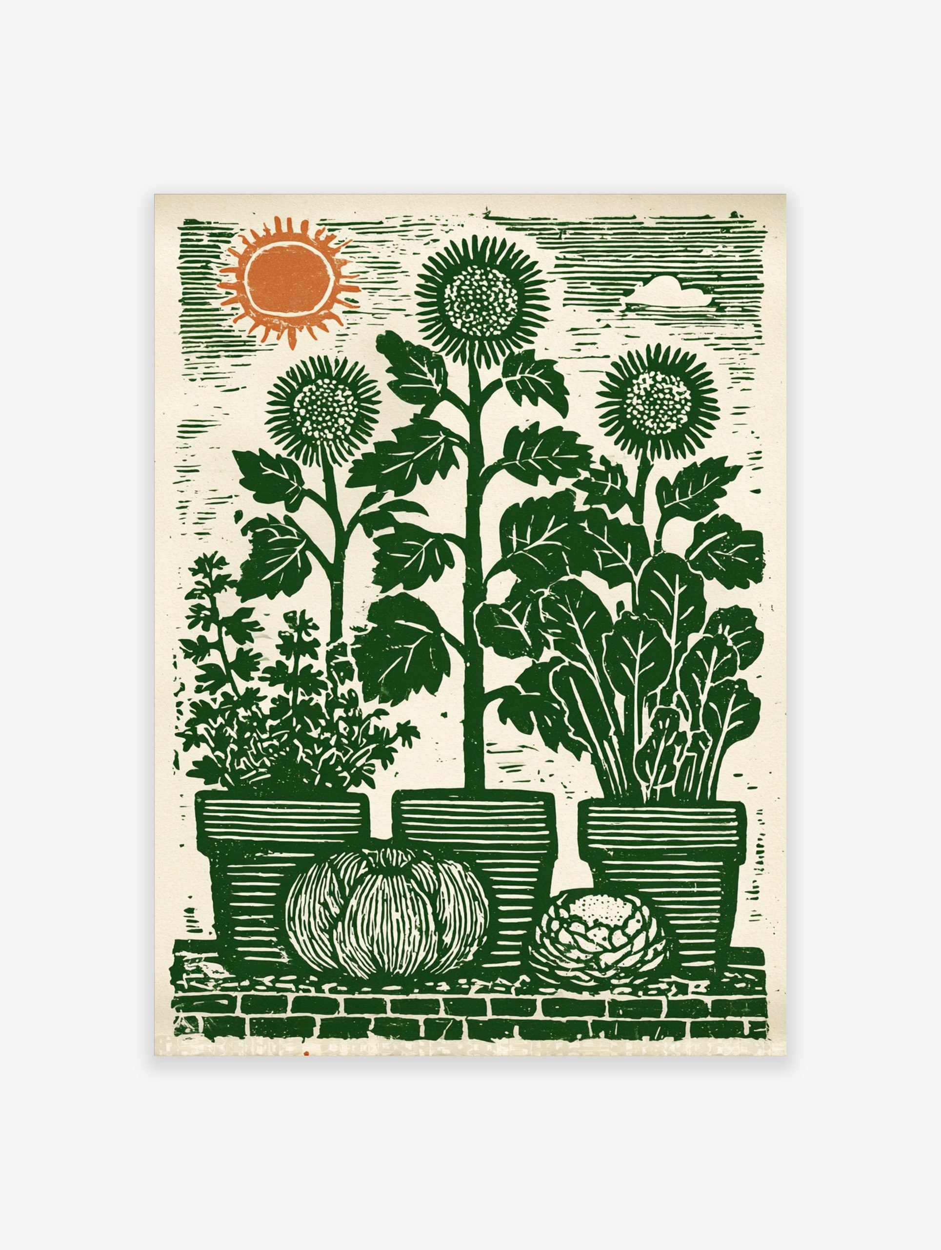 Lino-cut garden art print with sunflowers, potted herbs, pumpkin, and cabbage on a brick wall under a sun