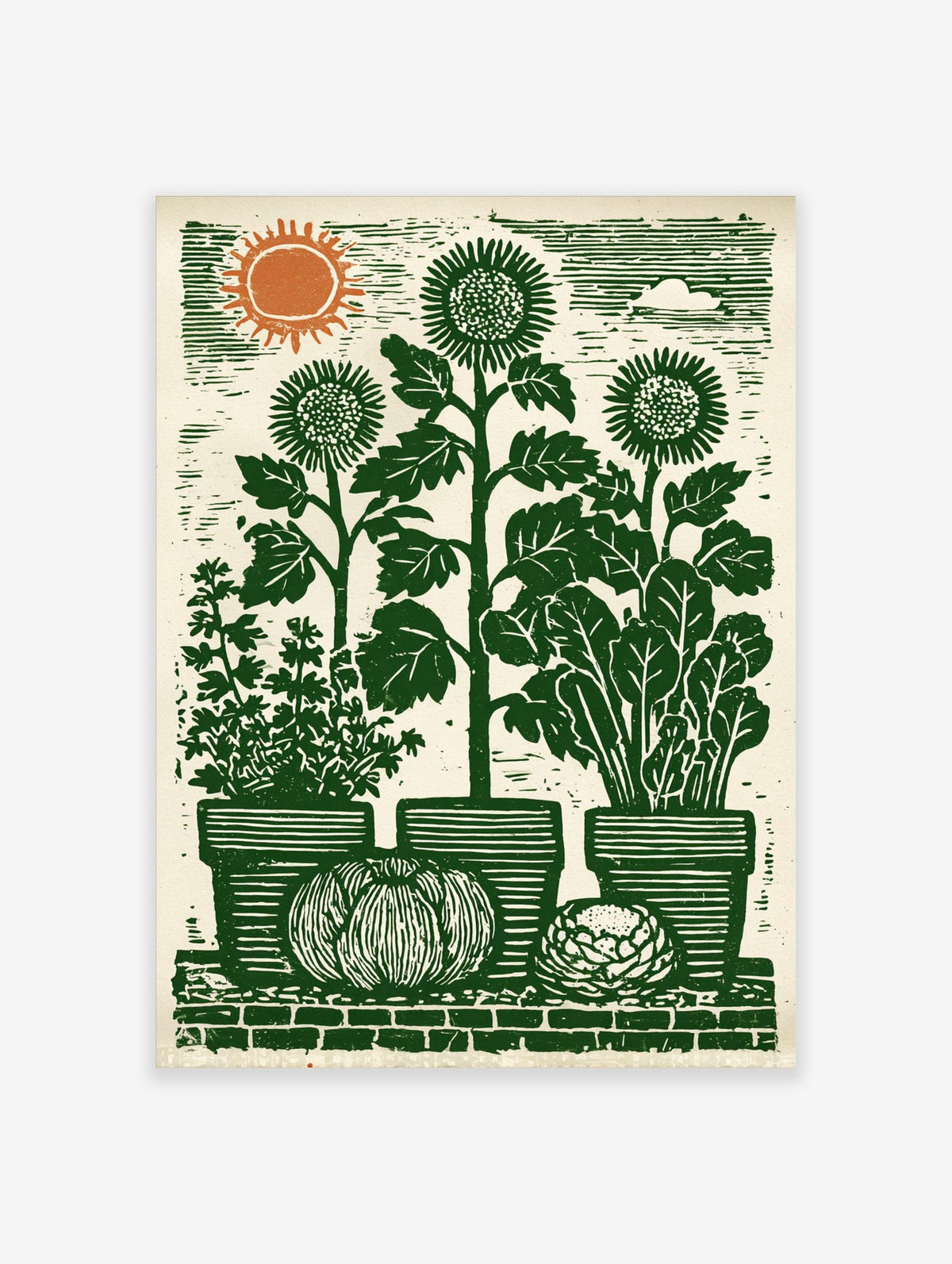 Lino-cut garden art print with sunflowers, potted herbs, pumpkin, and cabbage on a brick wall under a sun