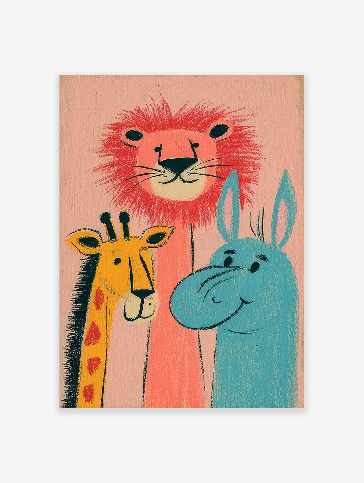 Retro animal poster with red-maned lion, yellow giraffe and blue donkey on pink background