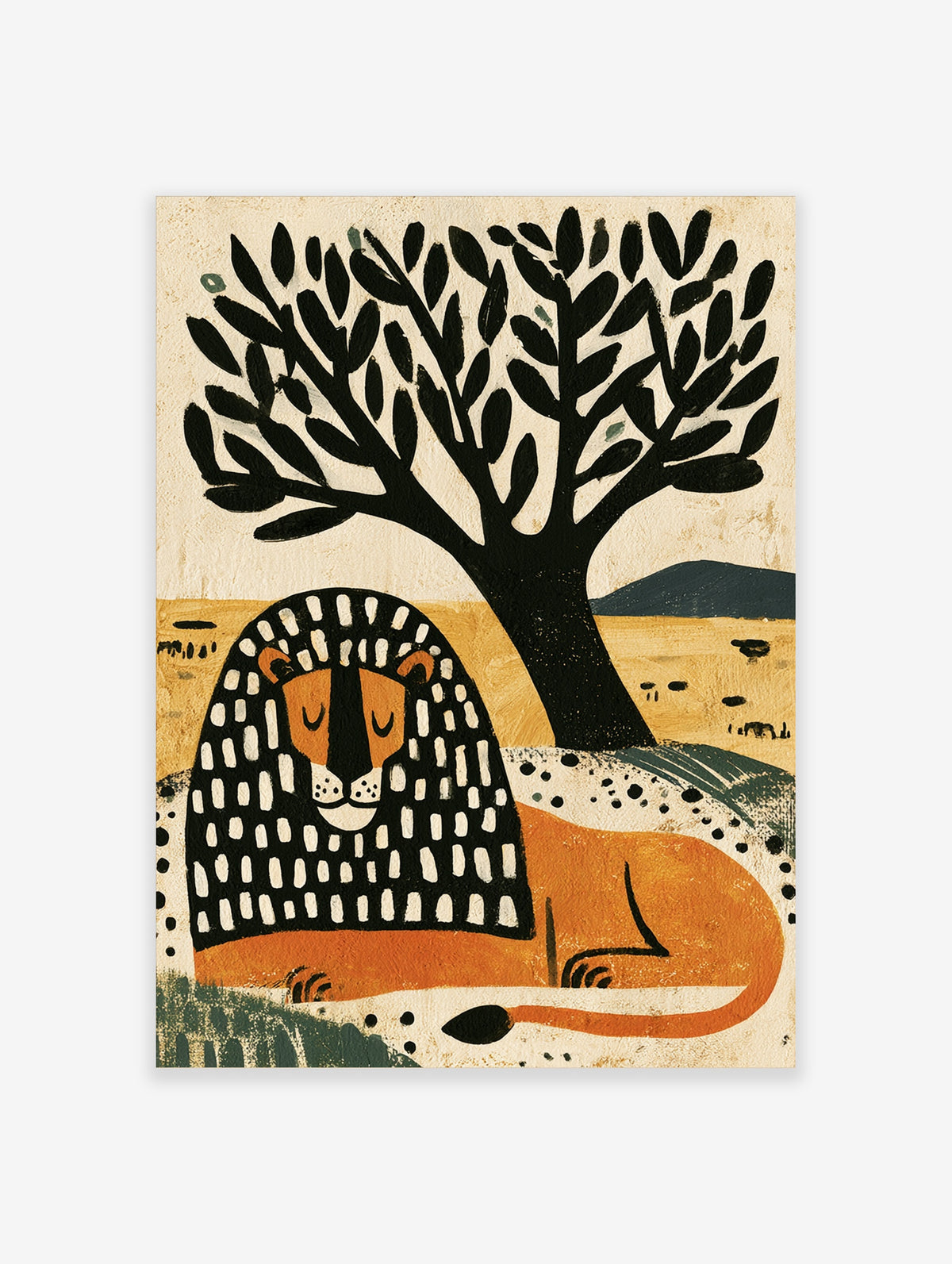 Illustrative lion with black and white patterned mane resting under a tree on a yellow background wall art print