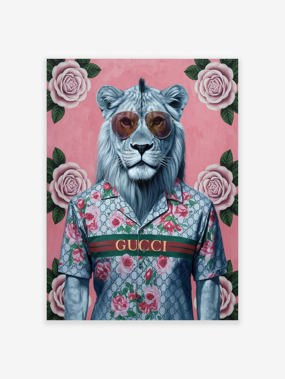 Modern lion poster wearing sunglasses and a Gucci-style floral shirt on a pink background with roses.
