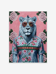 Modern lion poster wearing sunglasses and a Gucci-style floral shirt on a pink background with roses.