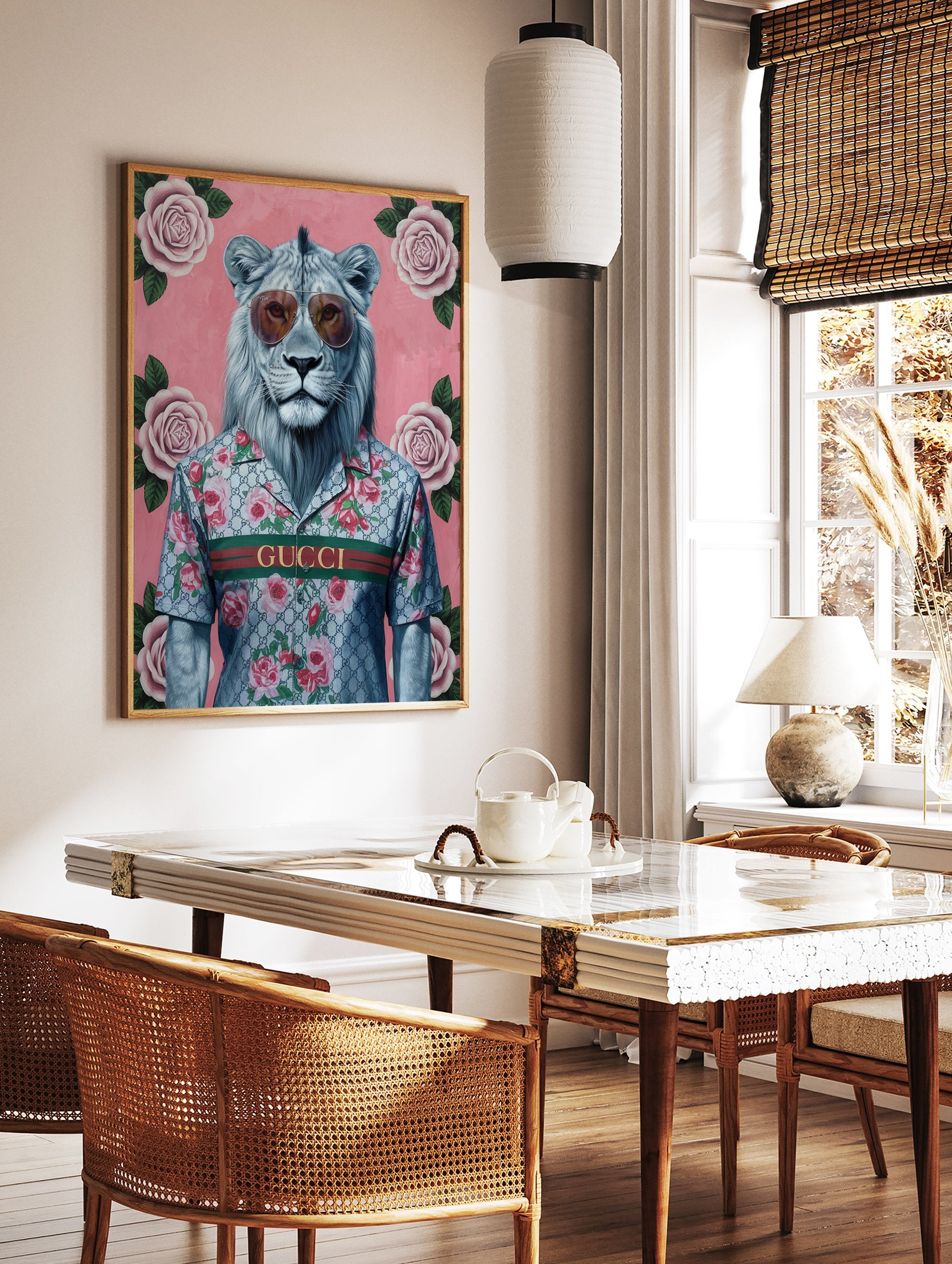 Modern lion poster wearing sunglasses and a Gucci-style floral shirt on a pink background with roses. - Image 2