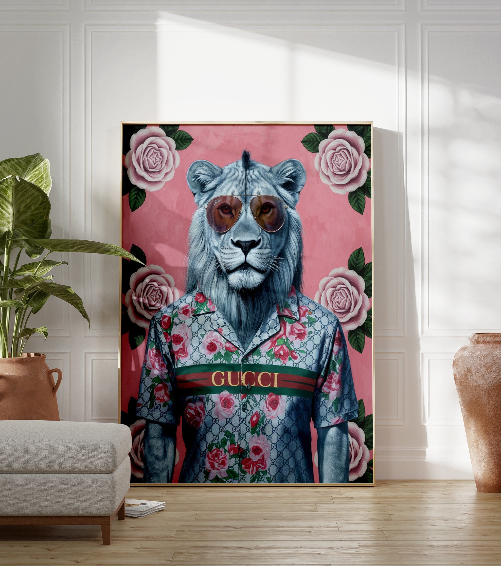 Modern lion poster wearing sunglasses and a Gucci-style floral shirt on a pink background with roses. - Image 3