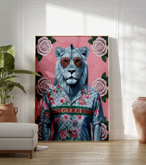 Modern lion poster wearing sunglasses and a Gucci-style floral shirt on a pink background with roses. - Image 3
