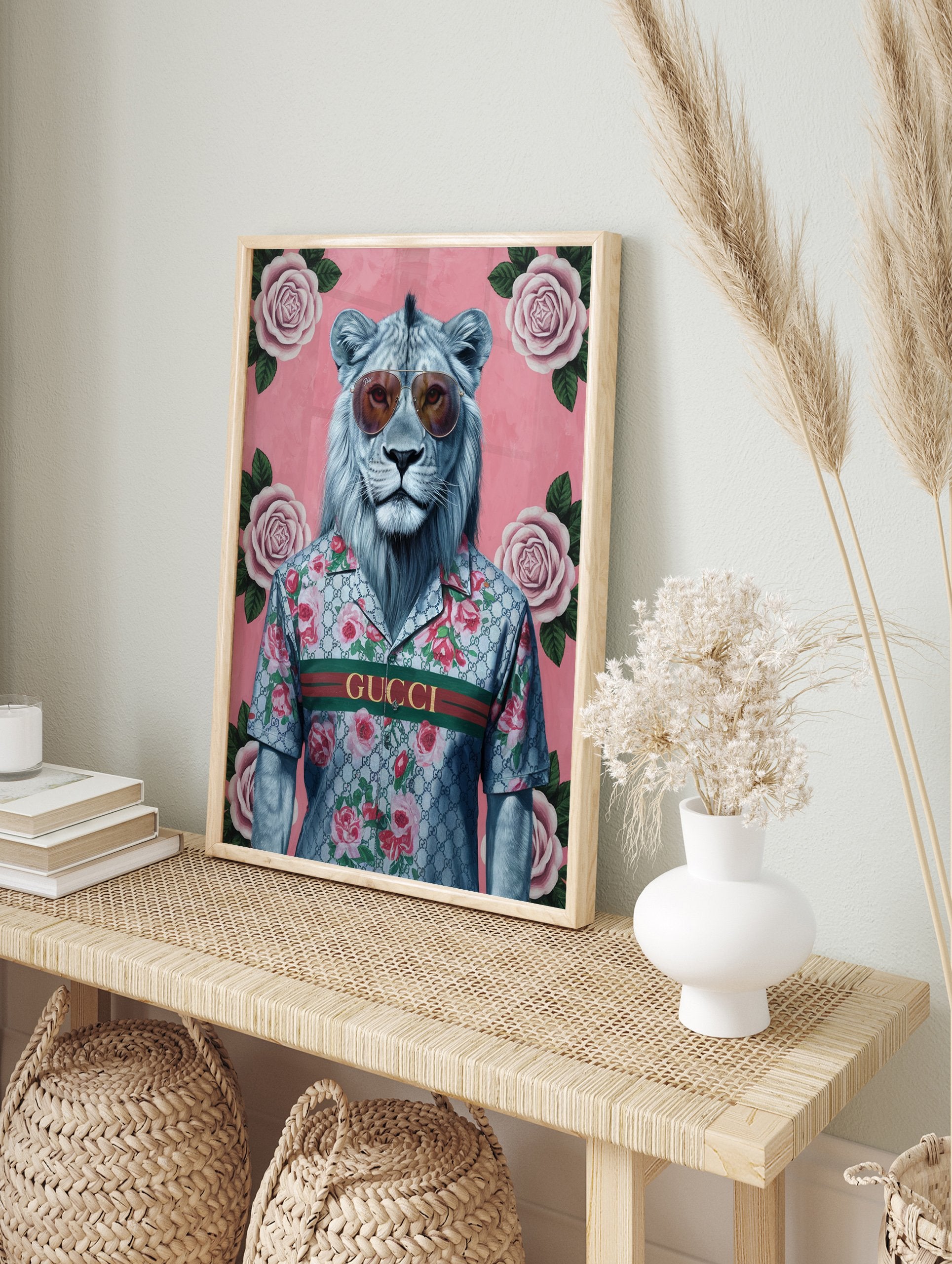 Modern lion poster wearing sunglasses and a Gucci-style floral shirt on a pink background with roses. - Image 4