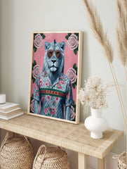 Modern lion poster wearing sunglasses and a Gucci-style floral shirt on a pink background with roses. - Image 4