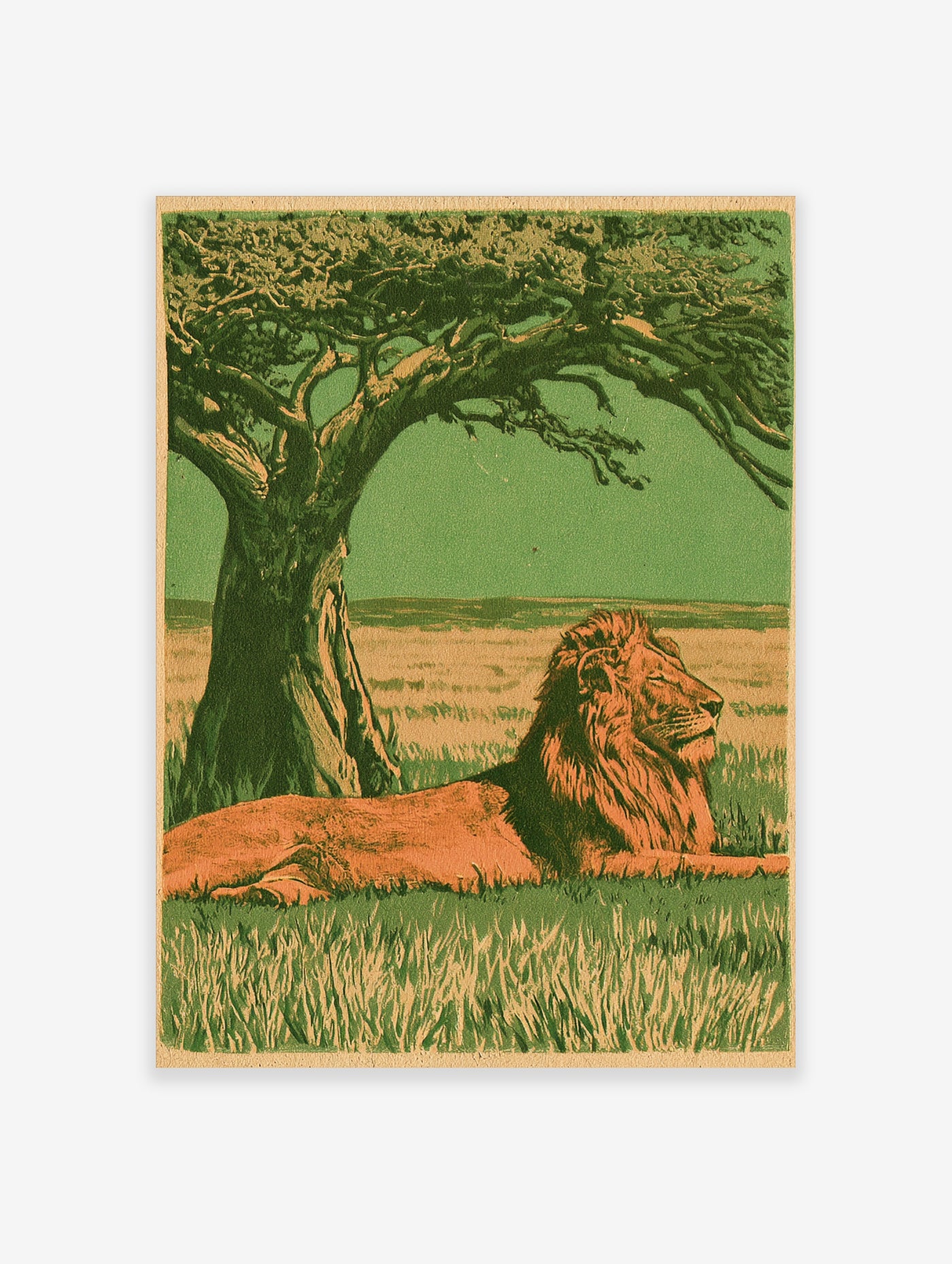 Illustrative art print of a lion resting under a tree in a green and orange savannah landscape