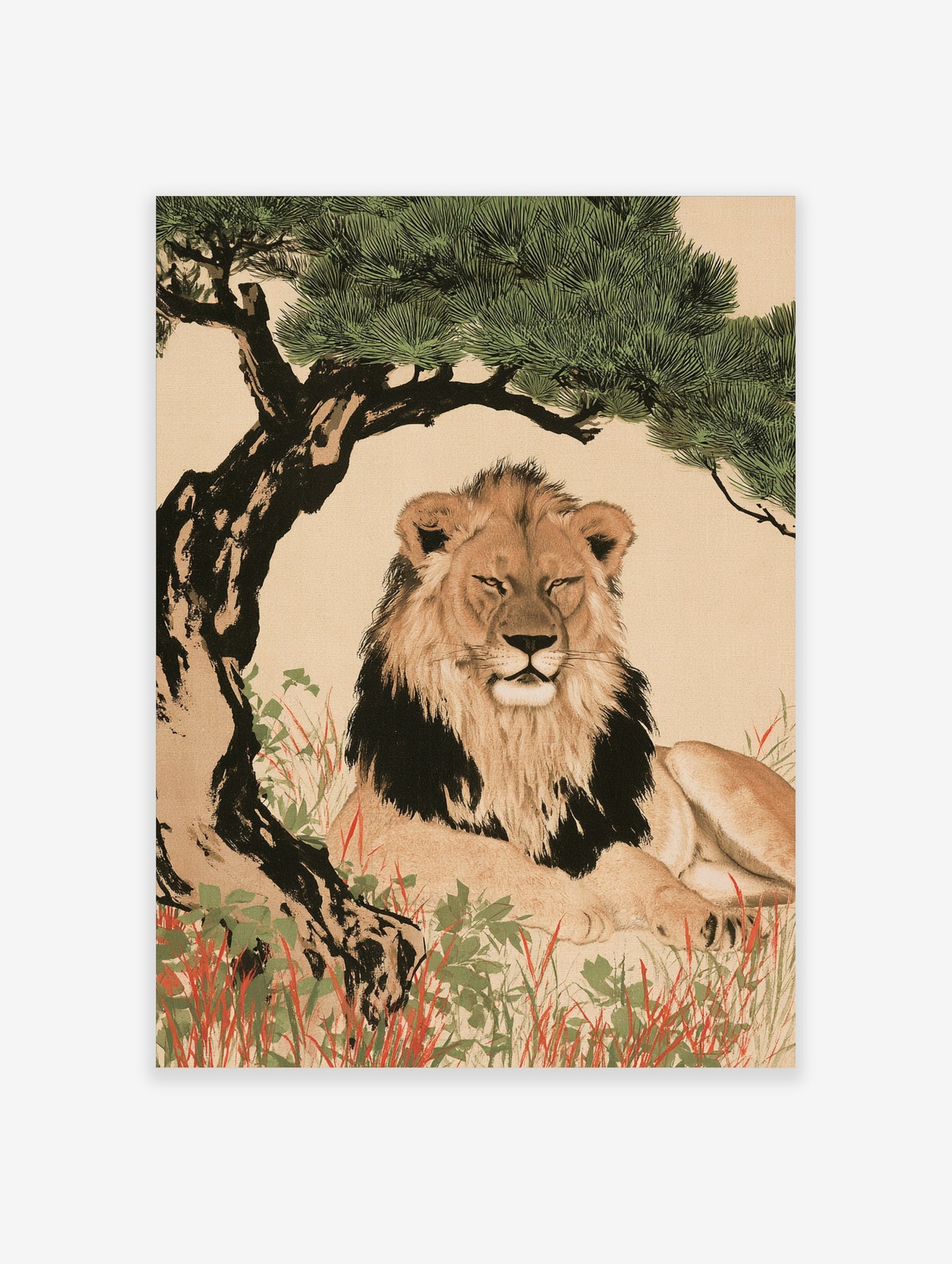 Illustrative art print of a lion with a dark mane resting under a stylized pine tree on a beige background