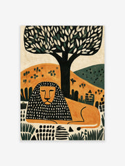 Modern illustrative lion wall art print with a black and orange patterned mane resting under a stylised tree