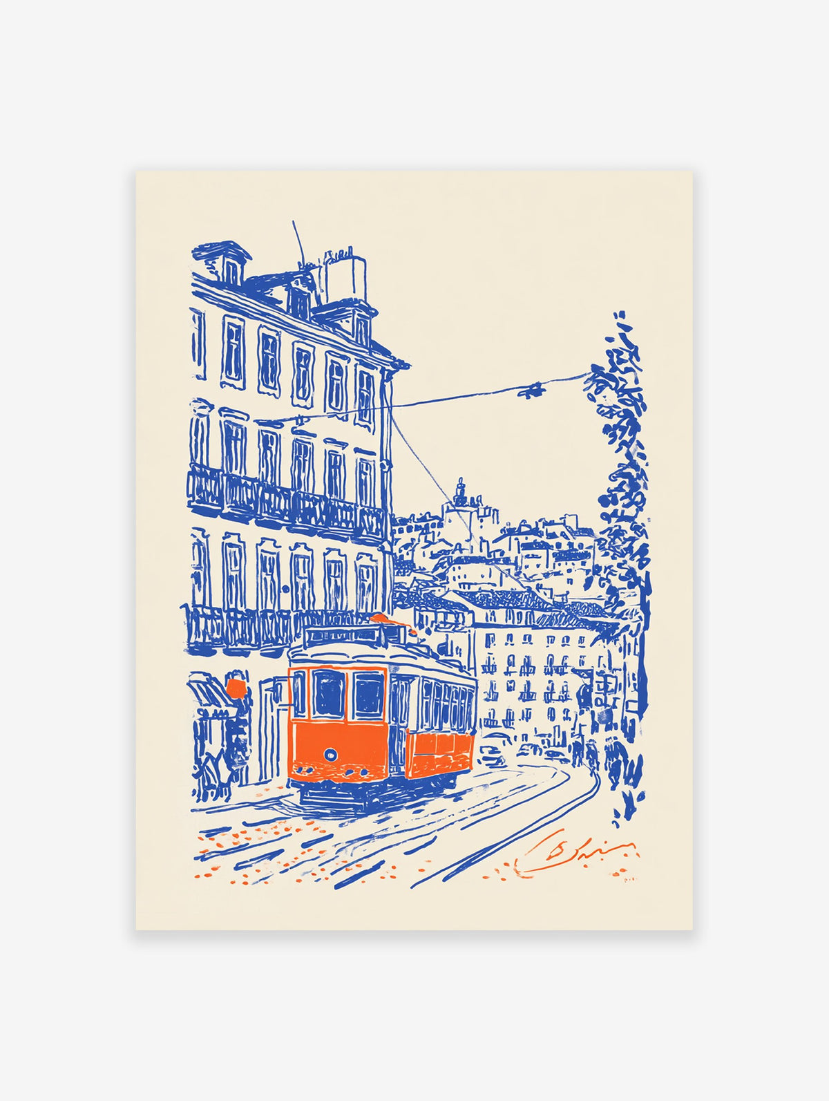 Illustration poster of an orange Lisbon tram on a blue-sketched city street with buildings and people.