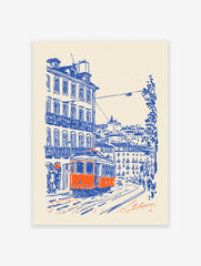 Illustration poster of an orange Lisbon tram on a blue-sketched city street with buildings and people.