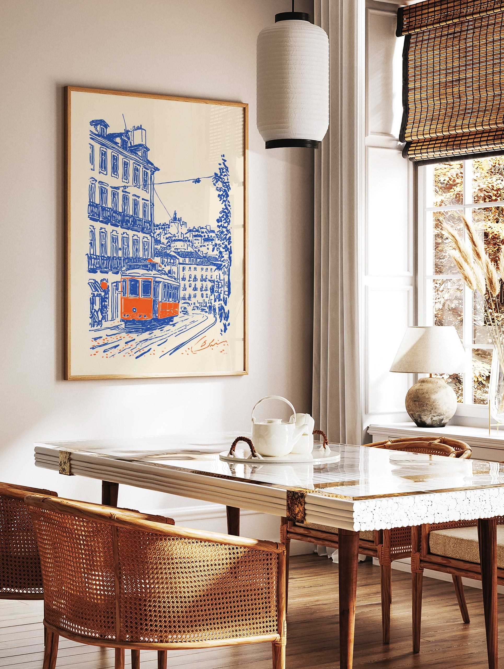 Illustration poster of an orange Lisbon tram on a blue-sketched city street with buildings and people. - Image 2