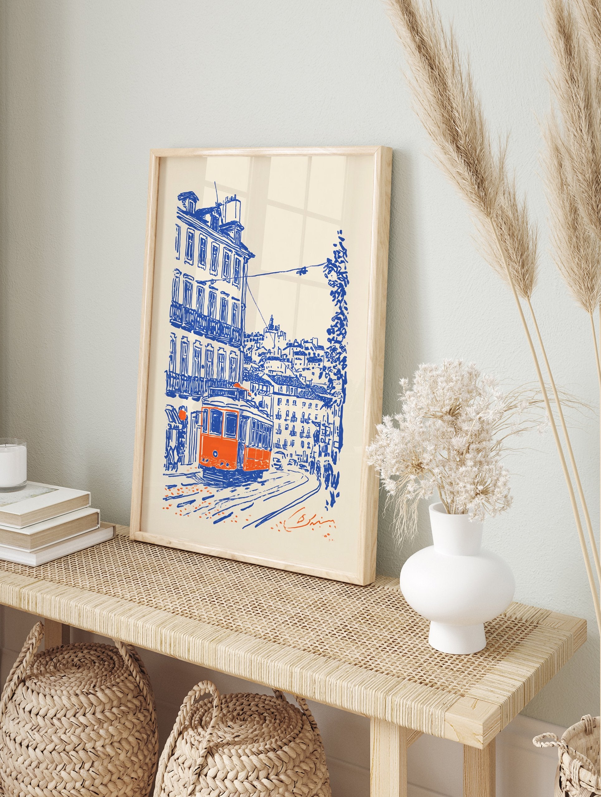 Illustration poster of an orange Lisbon tram on a blue-sketched city street with buildings and people. - Image 4