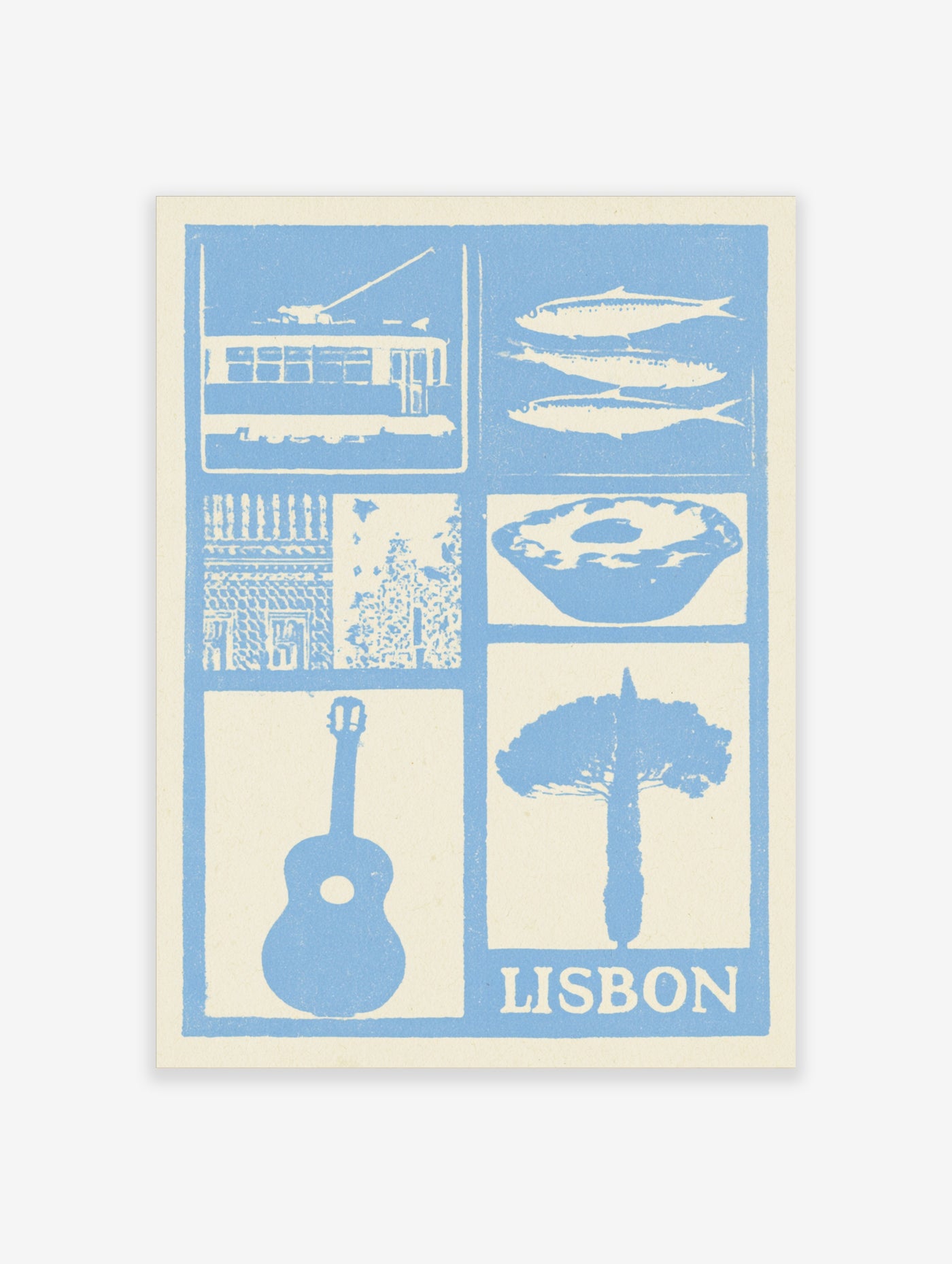 Lisbon travel poster in blue and white with illustrations of a tram, sardines, custard tart, guitar, and tiled building