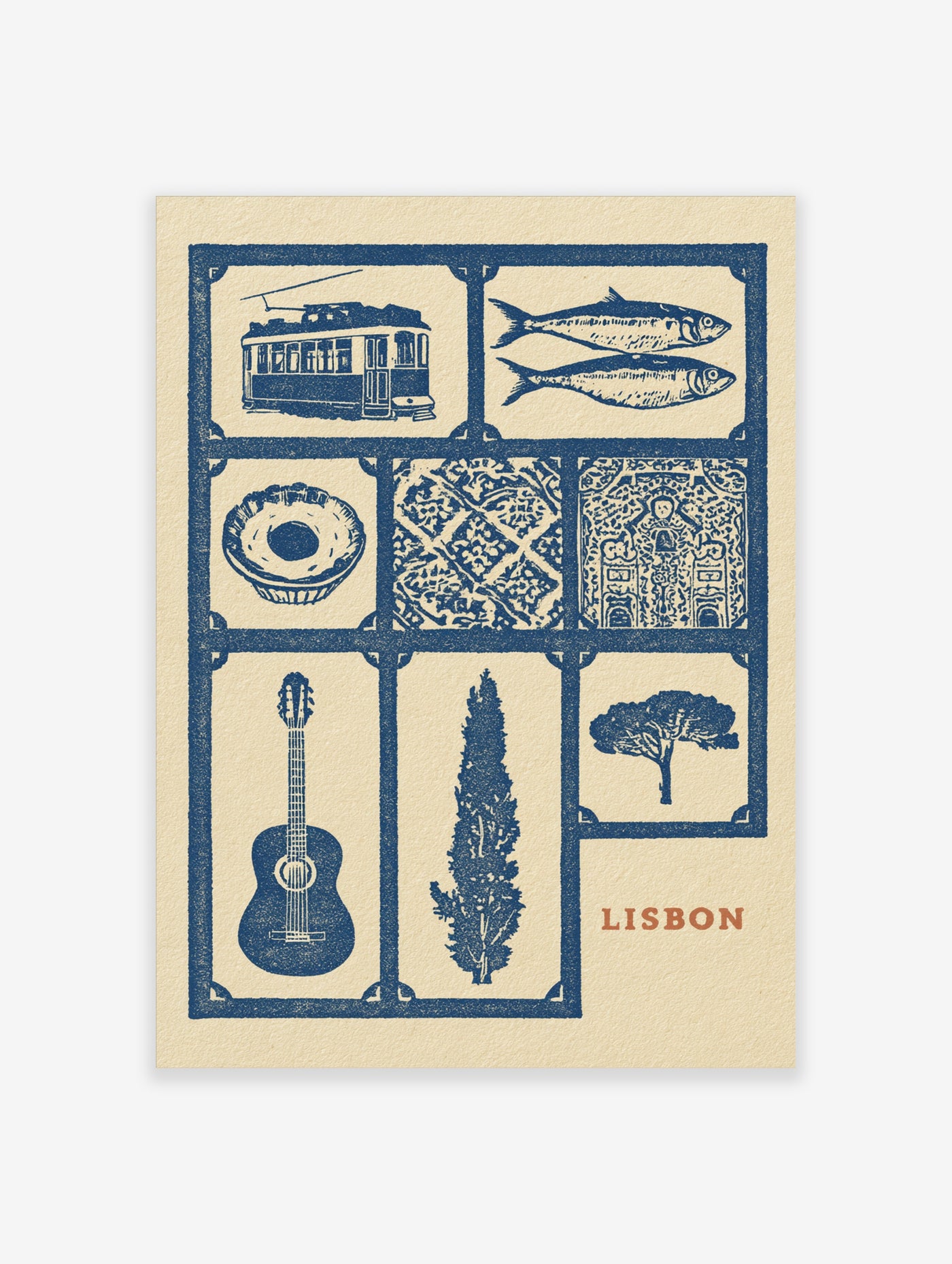 Lisbon travel poster with illustrated tram, sardines, custard tart, and azulejo tile patterns on a cream background