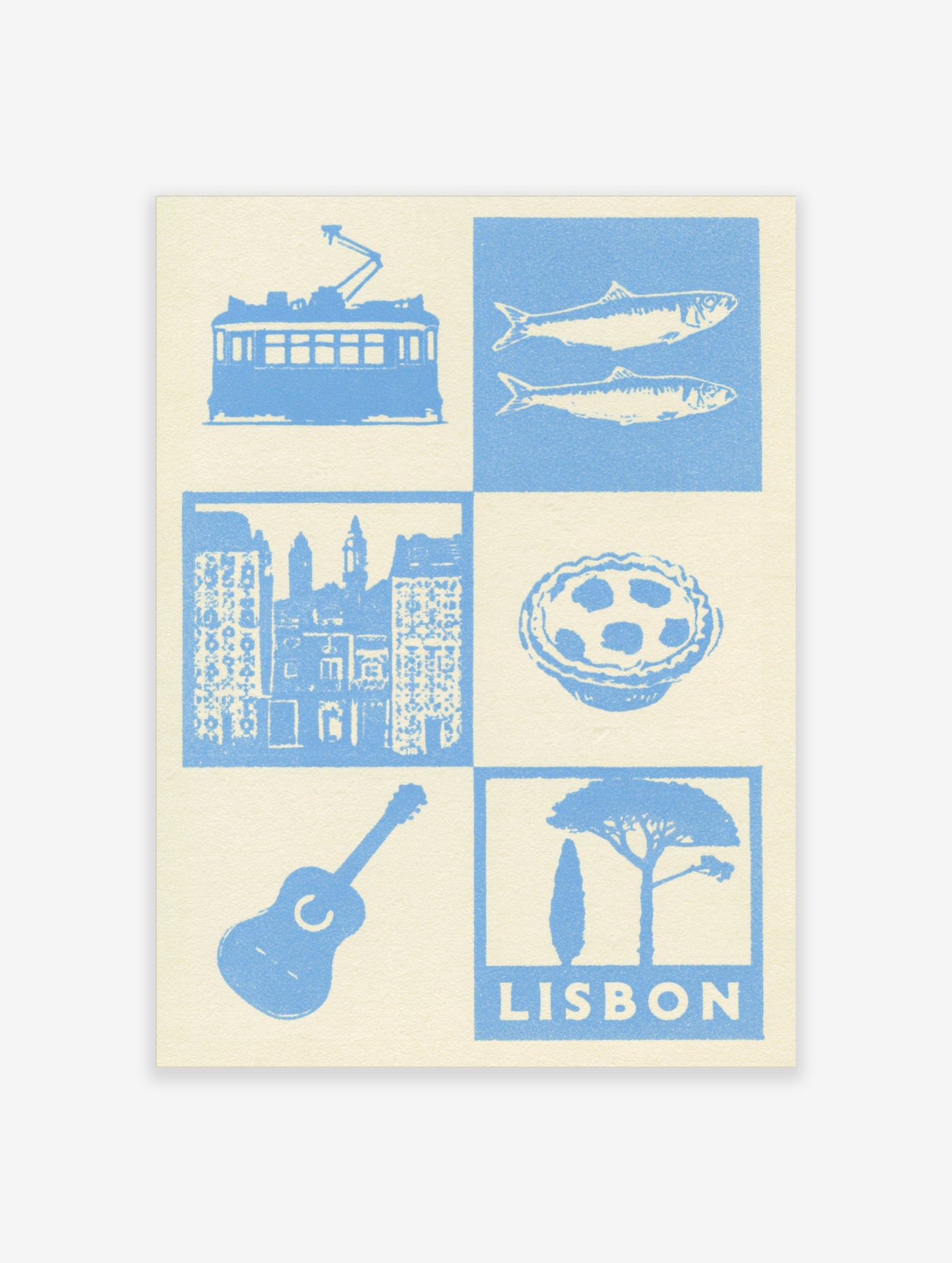 Lisbon travel poster collage with tram, sardines, pastry, guitar, and city architecture in blue and cream