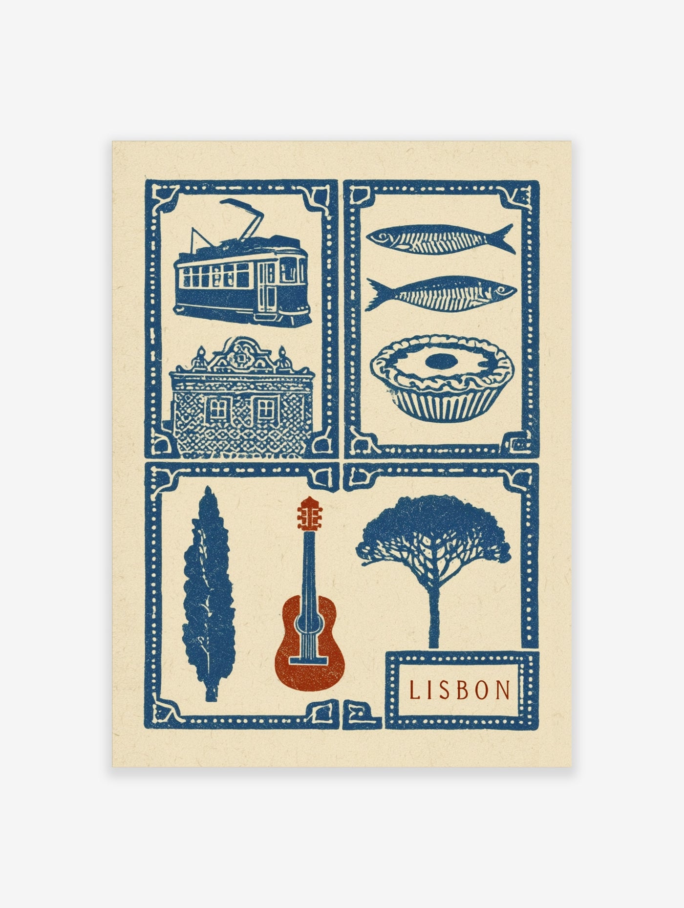 Lisbon travel poster featuring illustrations of a tram, sardines, custard tart, and guitar in blue and cream