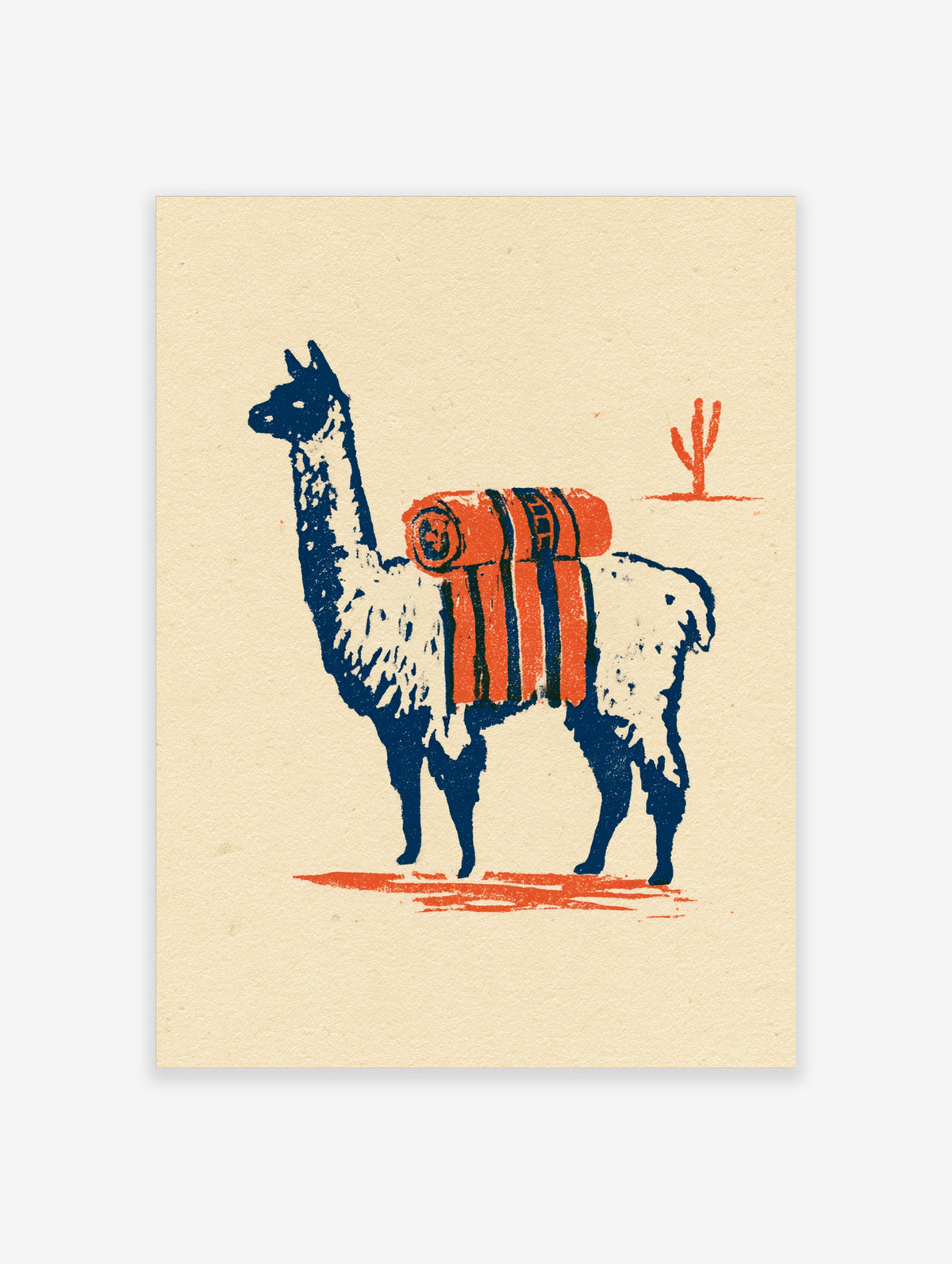 Navy blue llama with orange pack and cactus on cream background art print