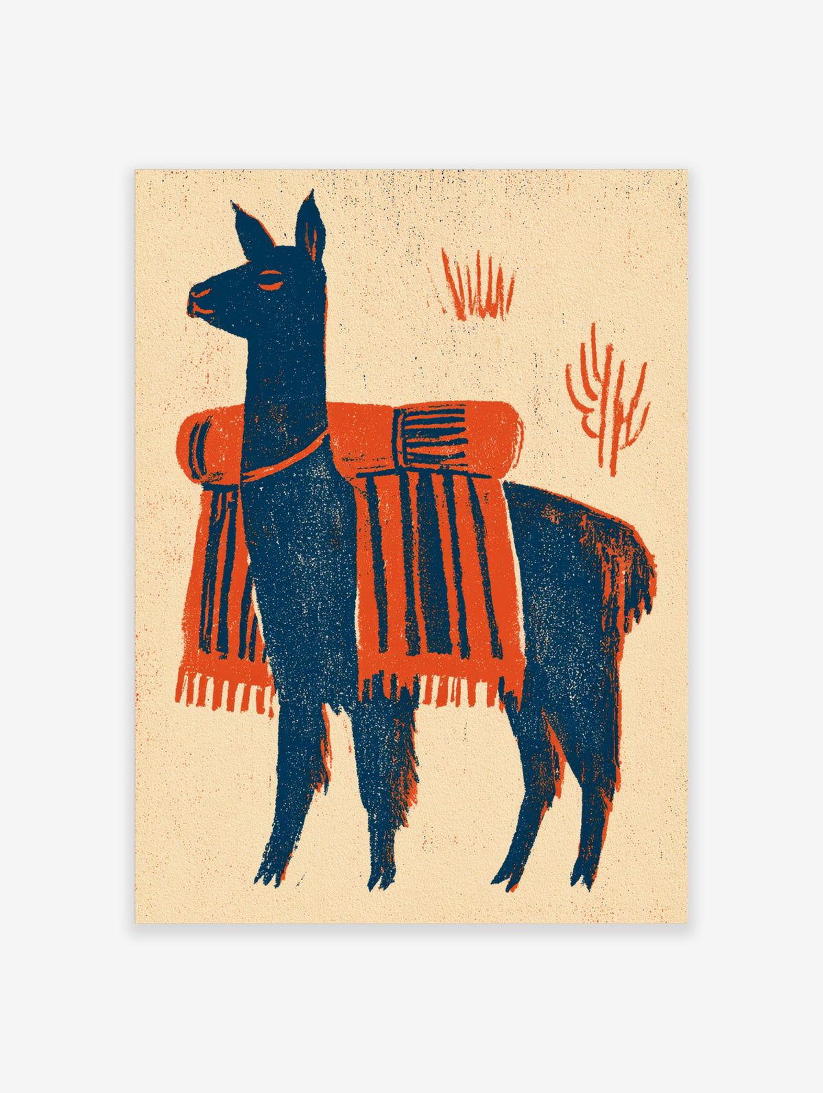 Navy blue llama art print with orange blanket and red plants on beige background