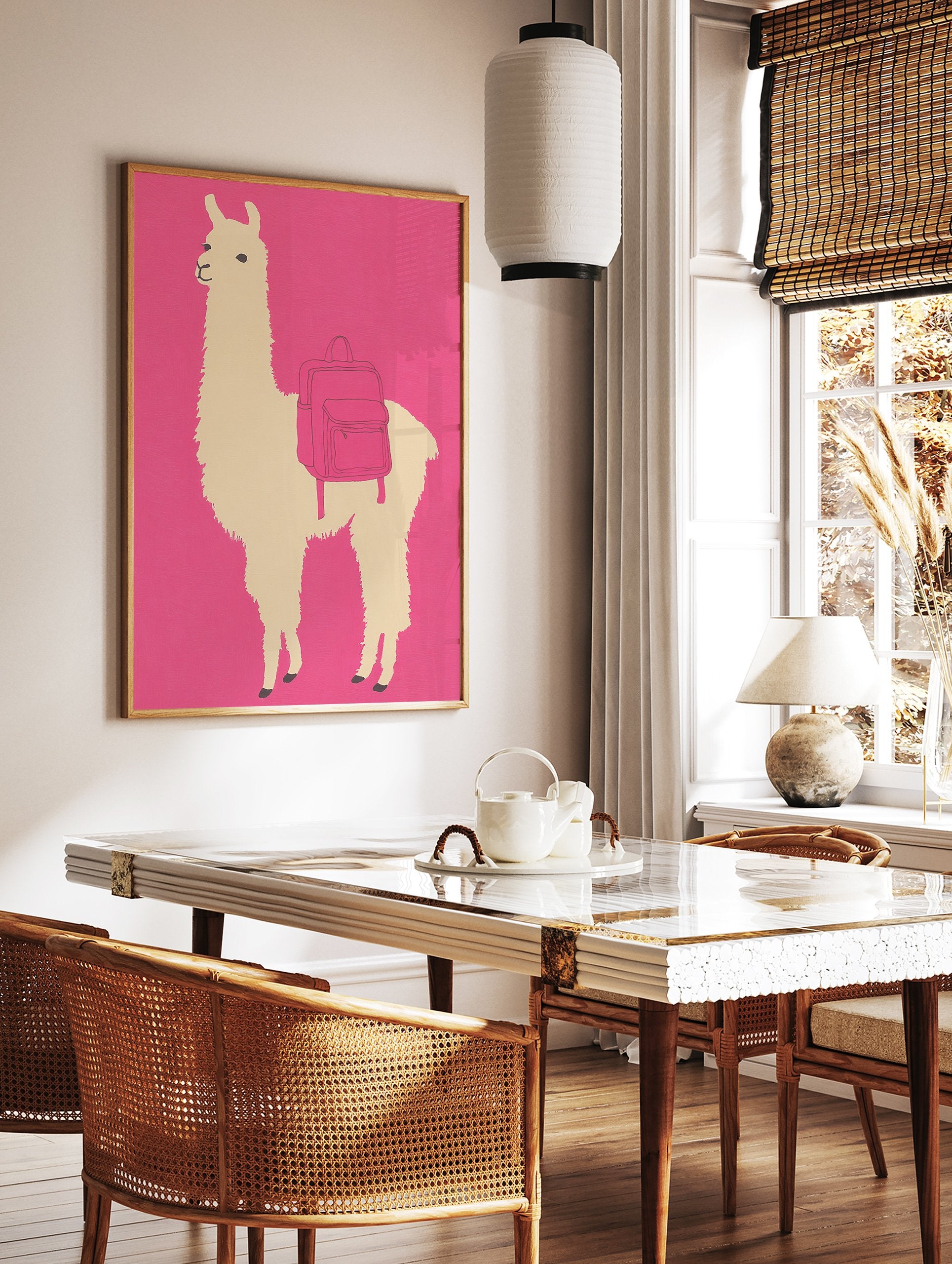 Illustrated llama wall art with a pink backpack against a hot pink background, perfect for modern animal print decor. - Image 2