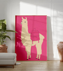 Illustrated llama wall art with a pink backpack against a hot pink background, perfect for modern animal print decor. - Image 3