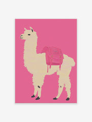 Llama wall art print featuring a white llama wearing a pink backpack against a vibrant pink background.