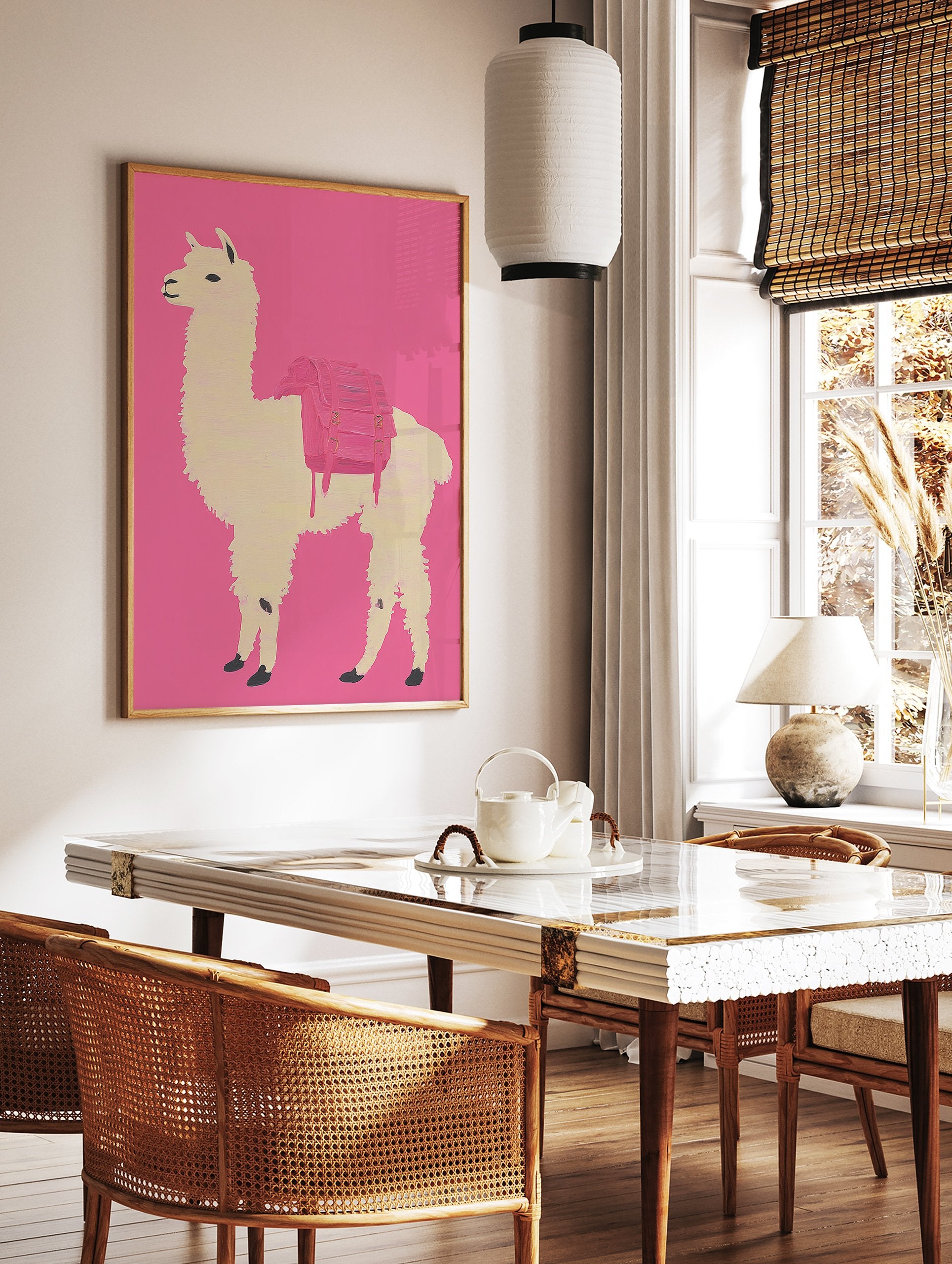 Llama wall art print featuring a white llama wearing a pink backpack against a vibrant pink background. - Image 2