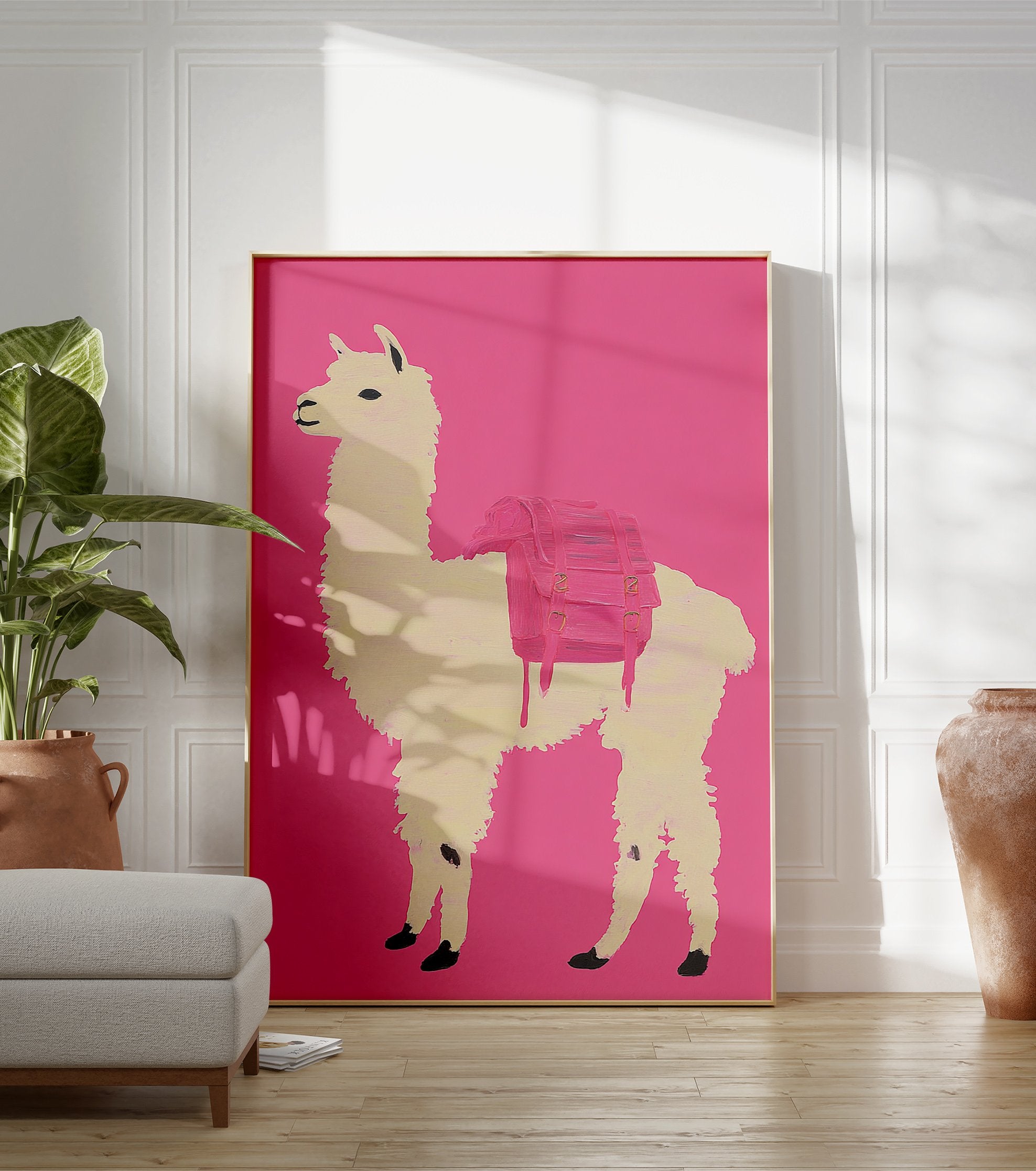 Llama wall art print featuring a white llama wearing a pink backpack against a vibrant pink background. - Image 3