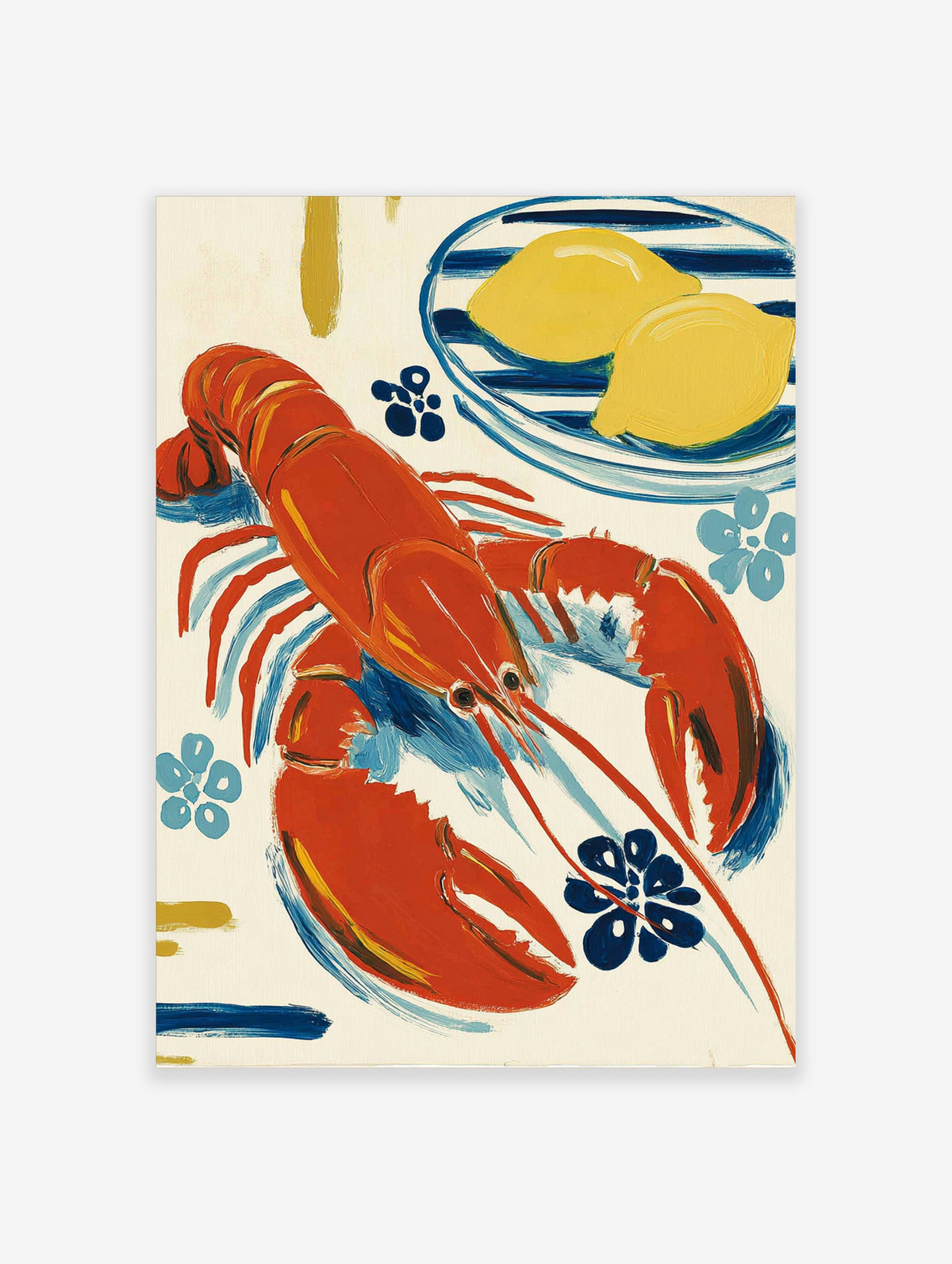 Red lobster and two lemons on a blue striped plate, with blue flower motifs on cream