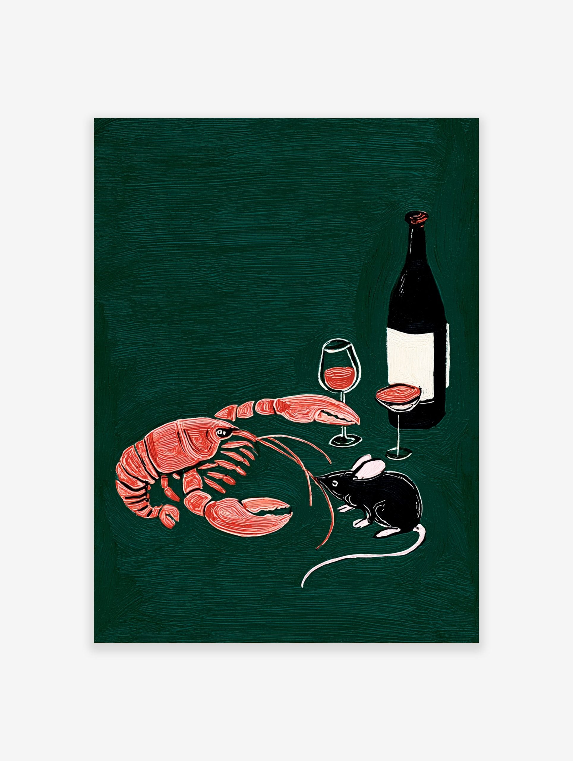 Illustrative print of a red-orange lobster, black mouse, wine bottle, and glasses on a dark green background