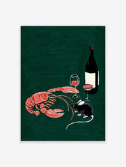 Illustrative print of a red-orange lobster, black mouse, wine bottle, and glasses on a dark green background