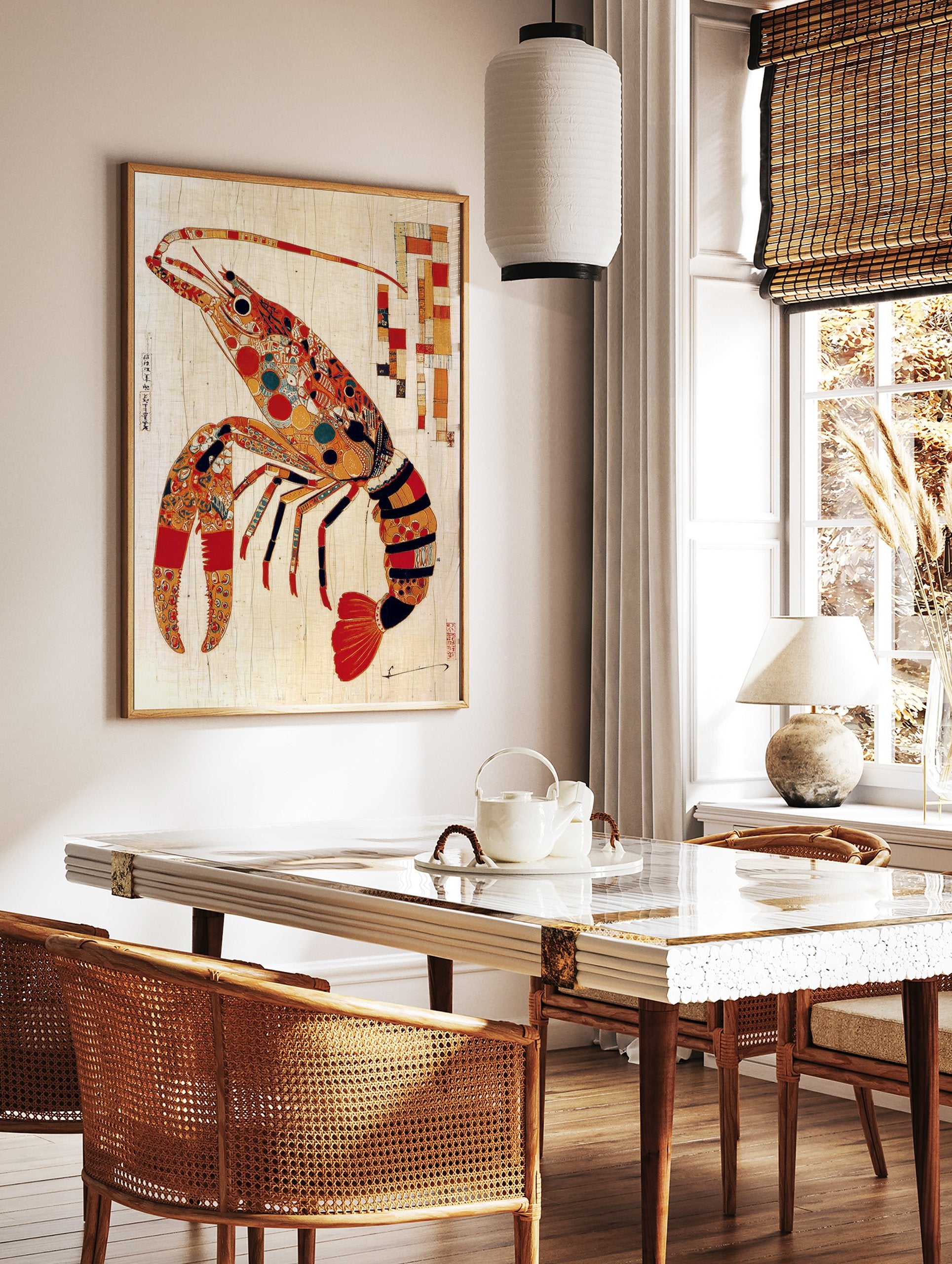 Colorful Japanese-style lobster art print with intricate patterns on a light background. - Image 3