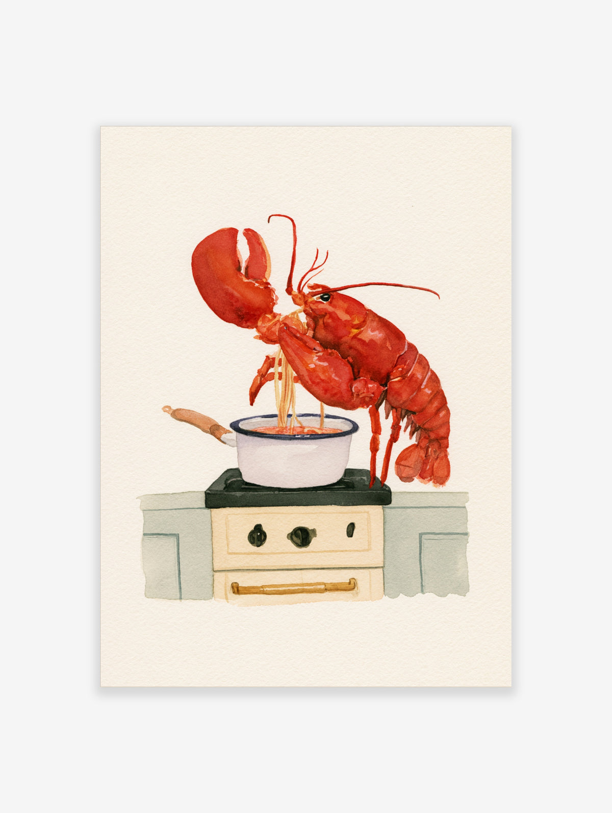 Red lobster cooking spaghetti in a white enamel pot on a stove, watercolour illustration art print
