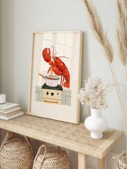 Red lobster cooking spaghetti in a white enamel pot on a stove, watercolour illustration art, in an alternate framed mockup