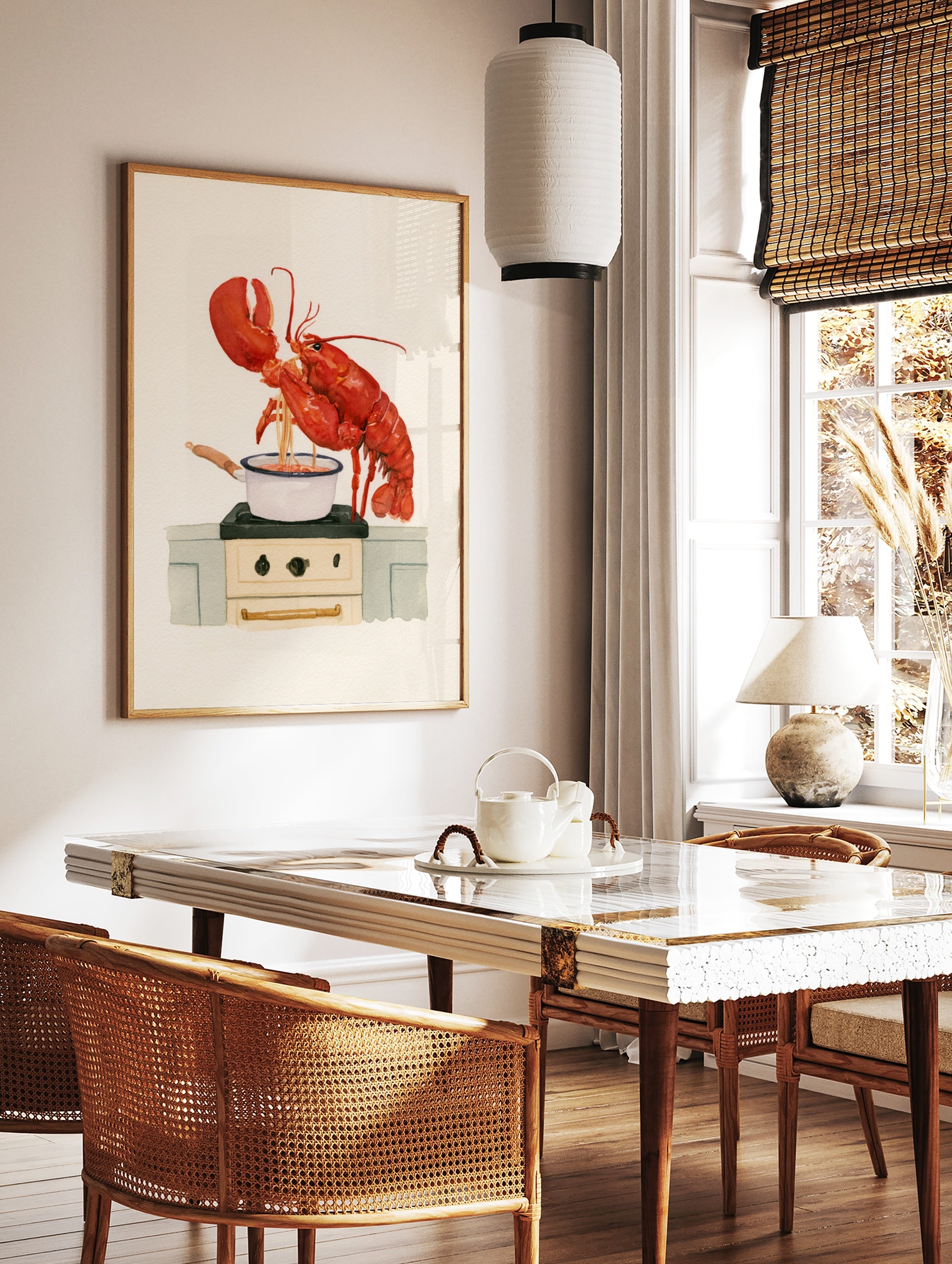 Red lobster cooking spaghetti in a white enamel pot on a stove, watercolour illustration art print, in a styled room mockup