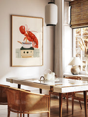 Red lobster cooking spaghetti in a white enamel pot on a stove, watercolour illustration art print, in a styled room mockup