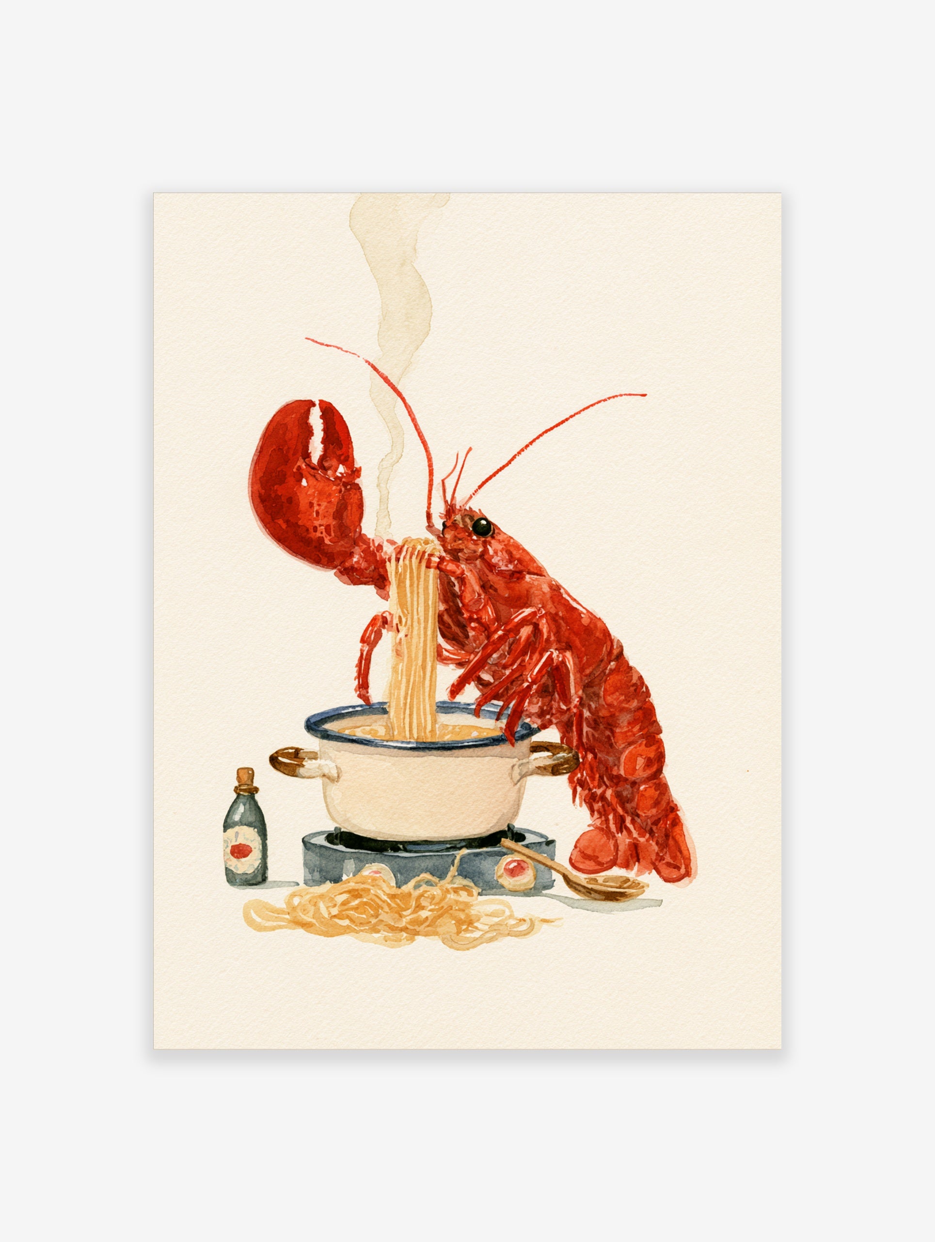 Red lobster cooking spaghetti in a pot with a wooden spoon, illustrative food wall art on a cream background