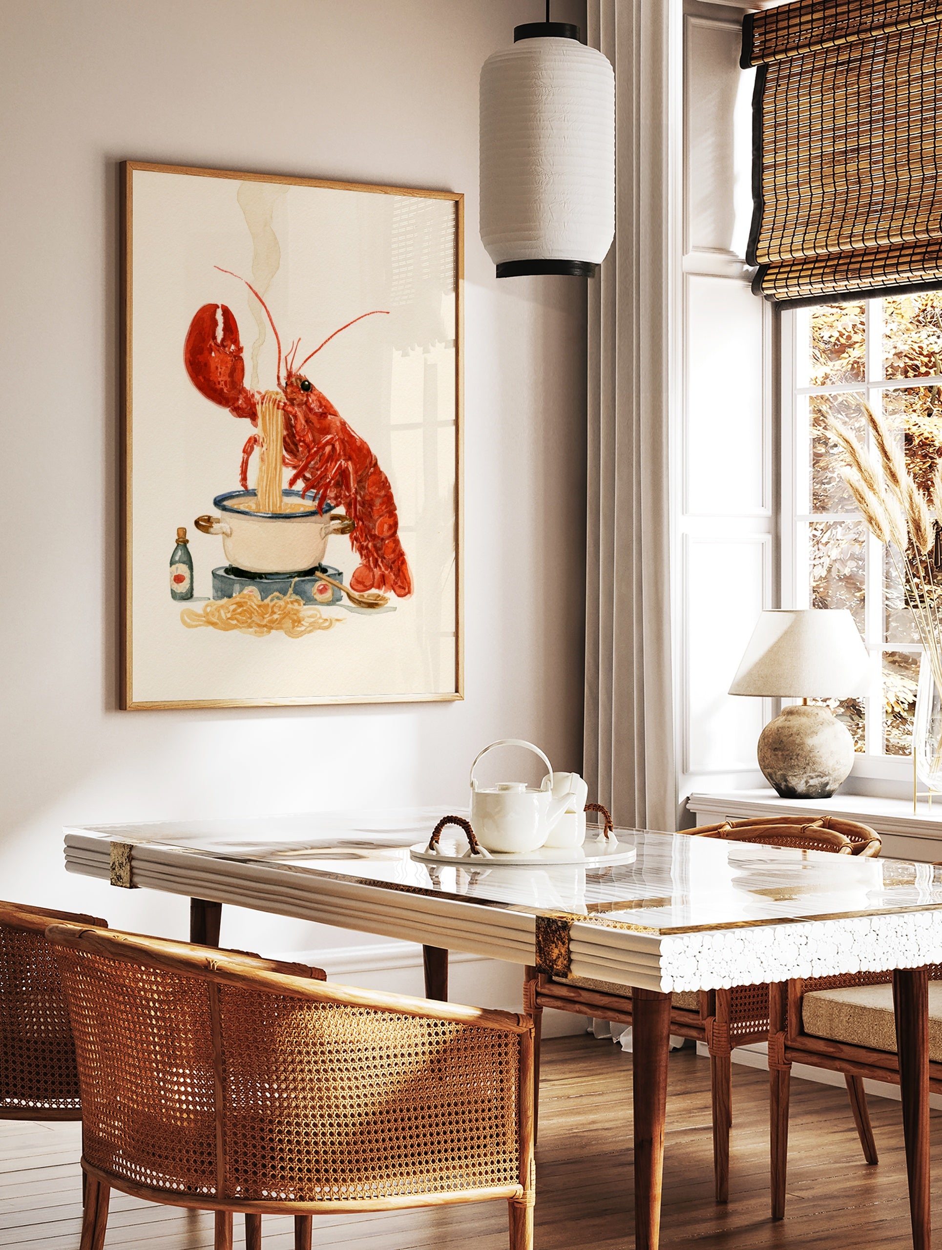 Red lobster cooking spaghetti in a pot with a wooden spoon, illustrative food wall art on a cream, in a styled room mockup