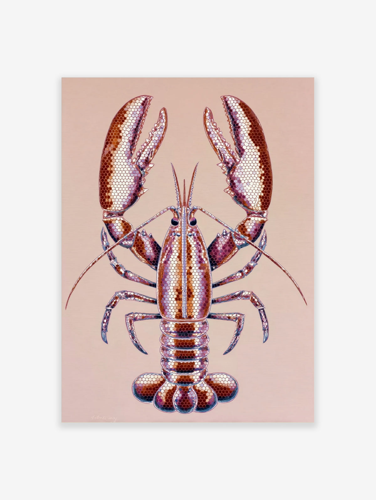 Geometric lobster poster with copper and cream hexagonal shell on blush background