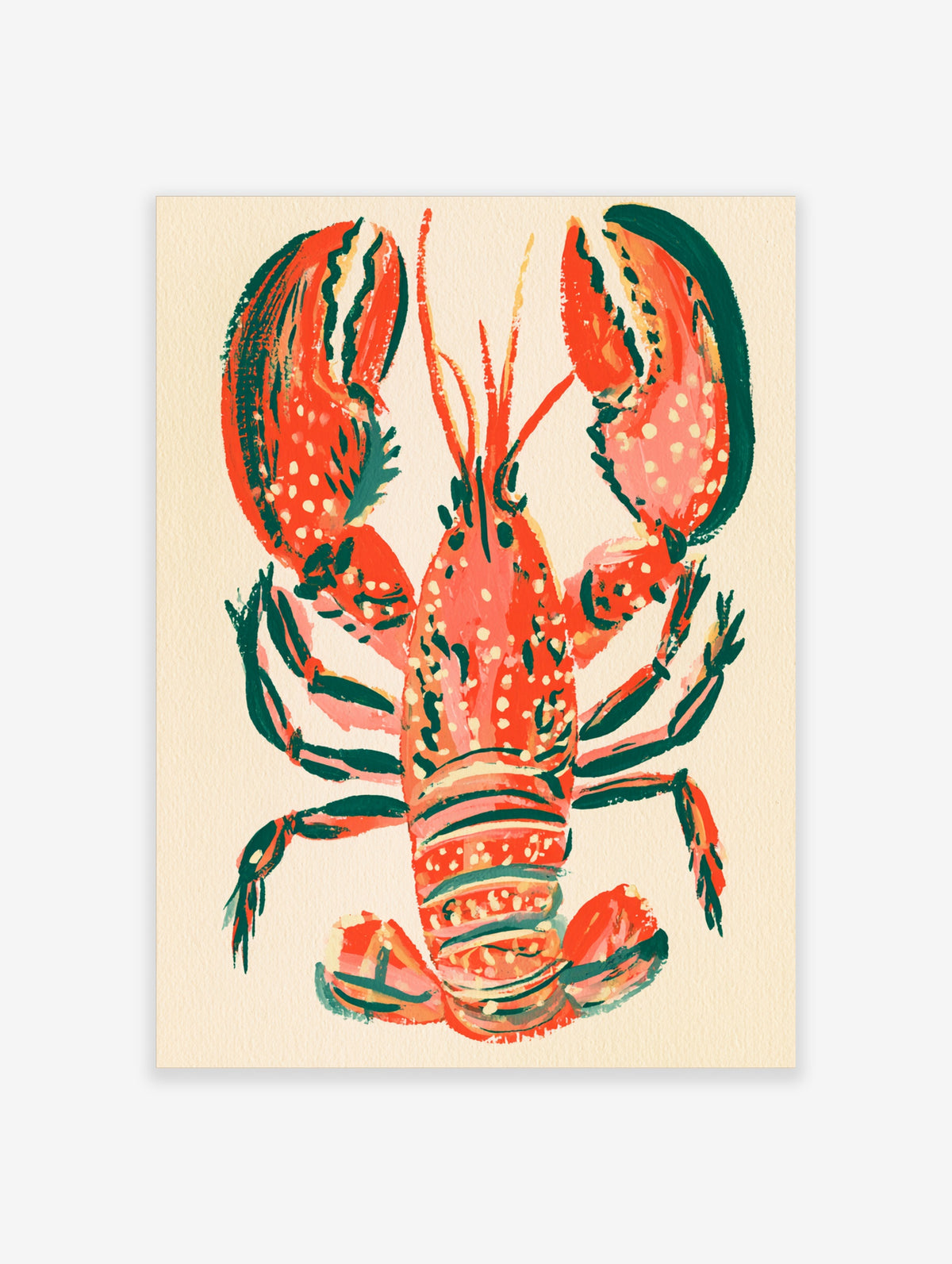 Red lobster art print with spotted claws and teal outlines on cream background