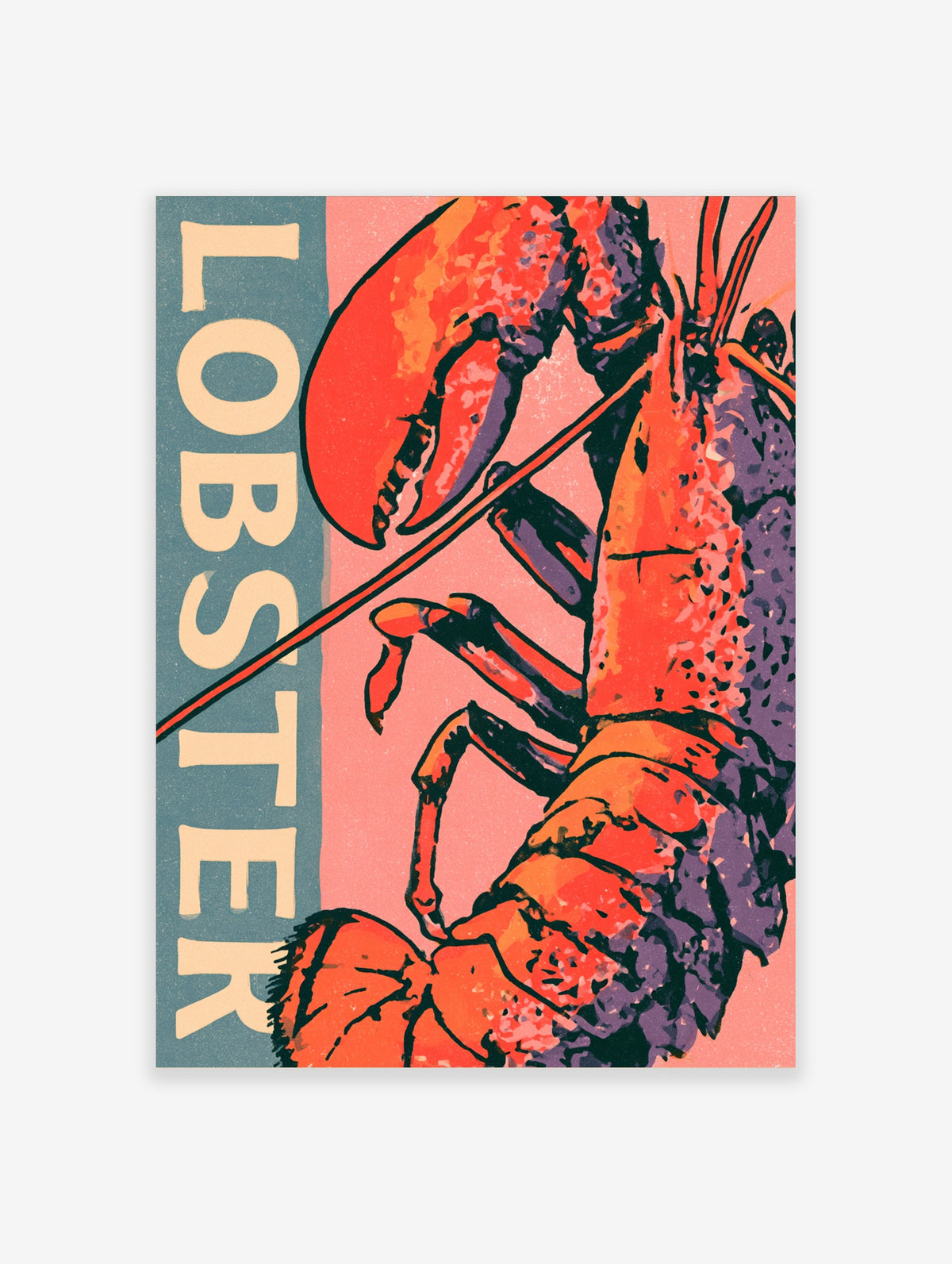 Retro lobster poster with red claw, pink background, and vertical LOBSTER text on teal band